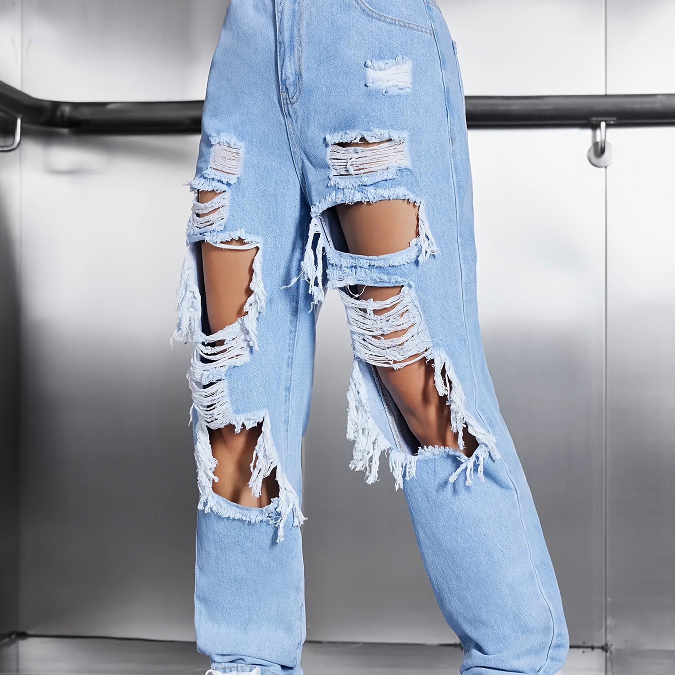 

Ripped Hole Distressed High Rise Straight Leg Plain Washed Blue Jeans, Women's Denim Jeans & Clothing