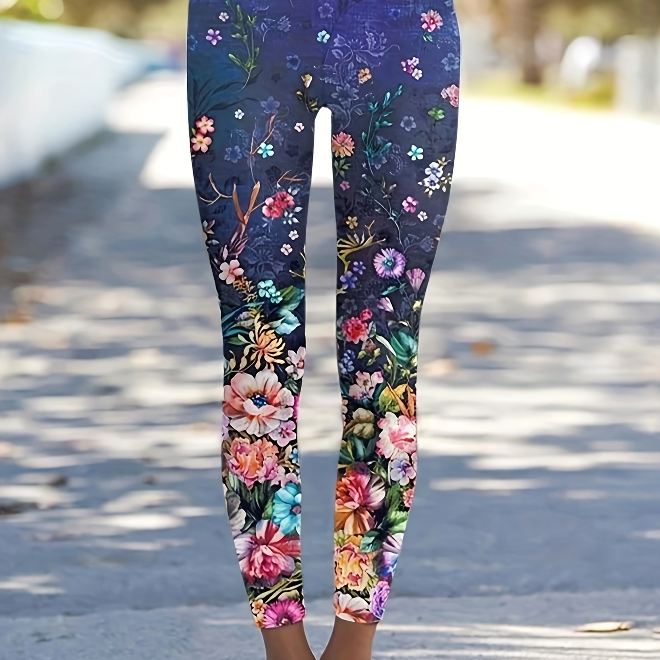 Floral Print Skinny Leggings Casual Elastic Waist Stretchy - Temu