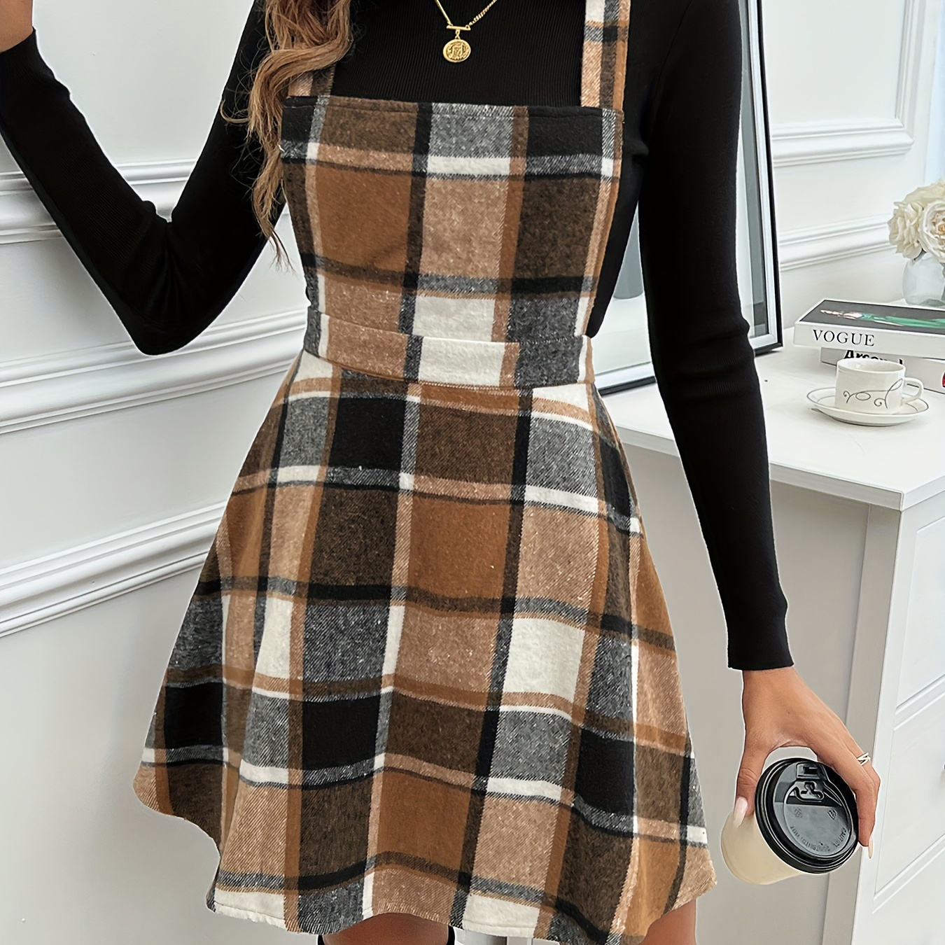 

Plaid Print Overall Skirt, Elegant A-line Strap Skirt For Spring & Summer, Women's Clothing