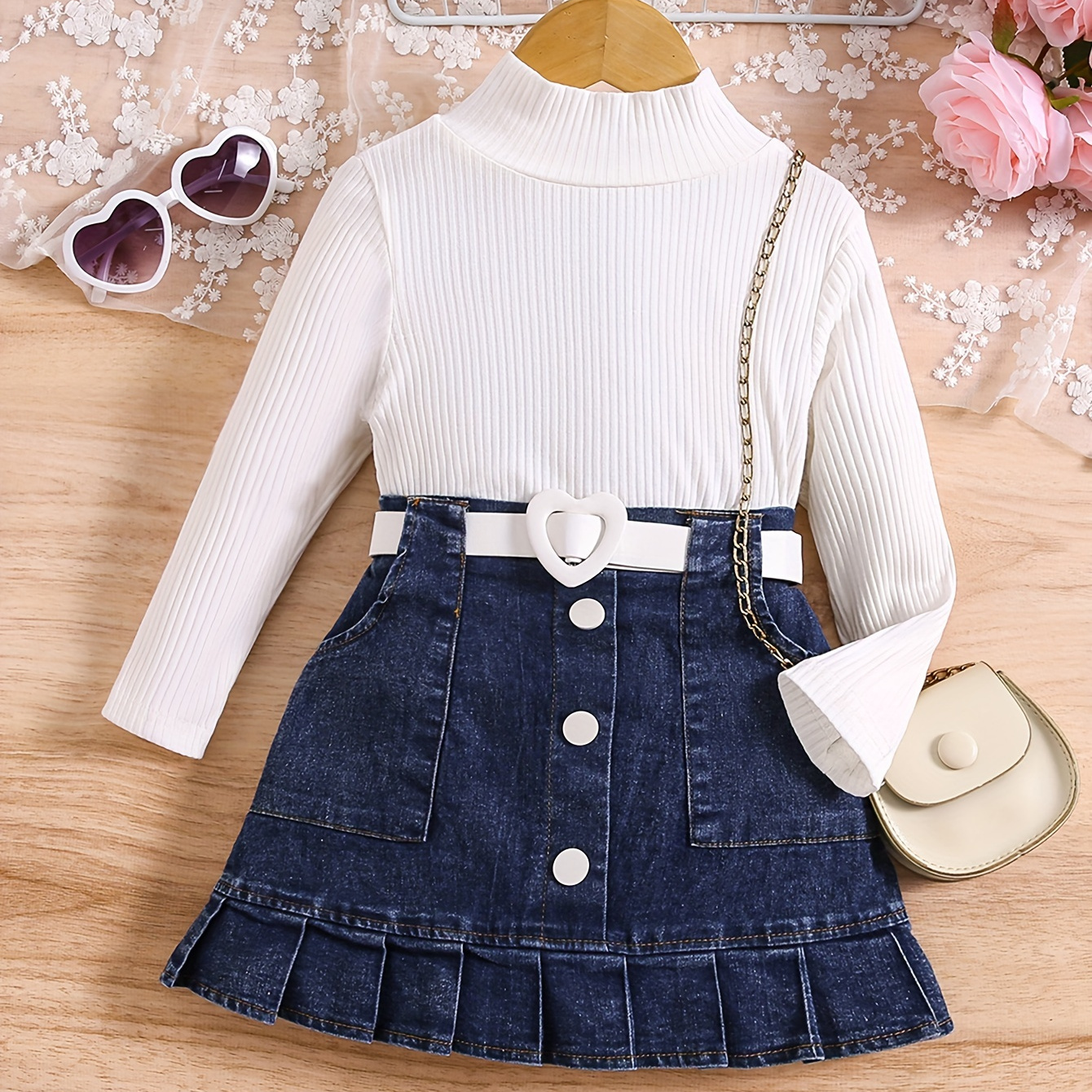 

2pcs Girls Turtleneck Long Sleeve Top + Button Decor Denim Skirt With Heart Belt Set For Spring Fall Gift