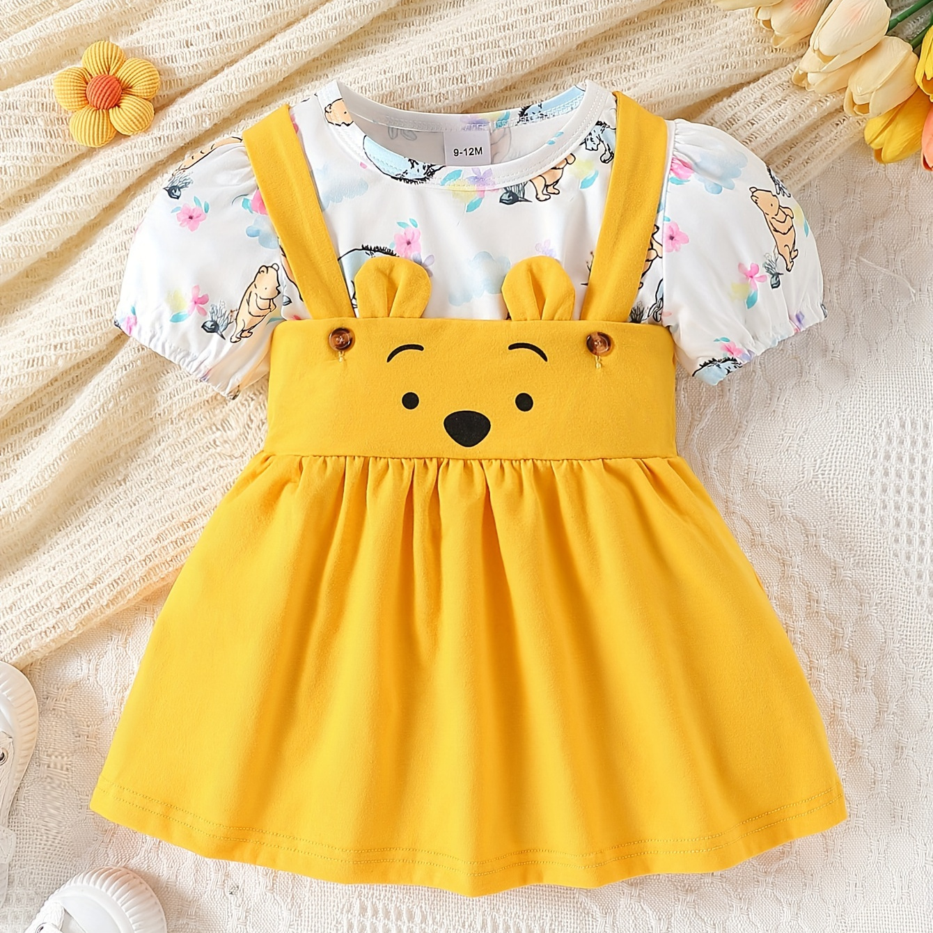 

2pcs Baby's Adorable Bear Print Suspender Overall Dress & Puff Sleeve Top Set, Toddler & Infant Girl's Clothes For Summer Daily Wear