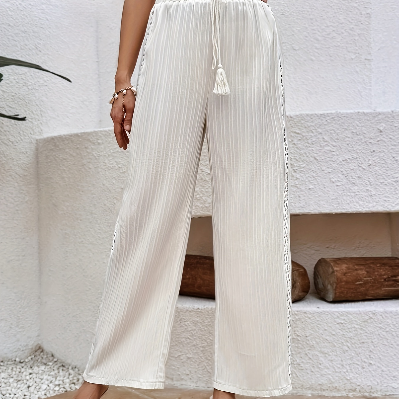 

Wide Leg Tie Front Pants, Casual Elastic High Waist Hollow Pants For Spring & Summer, Women's Clothing