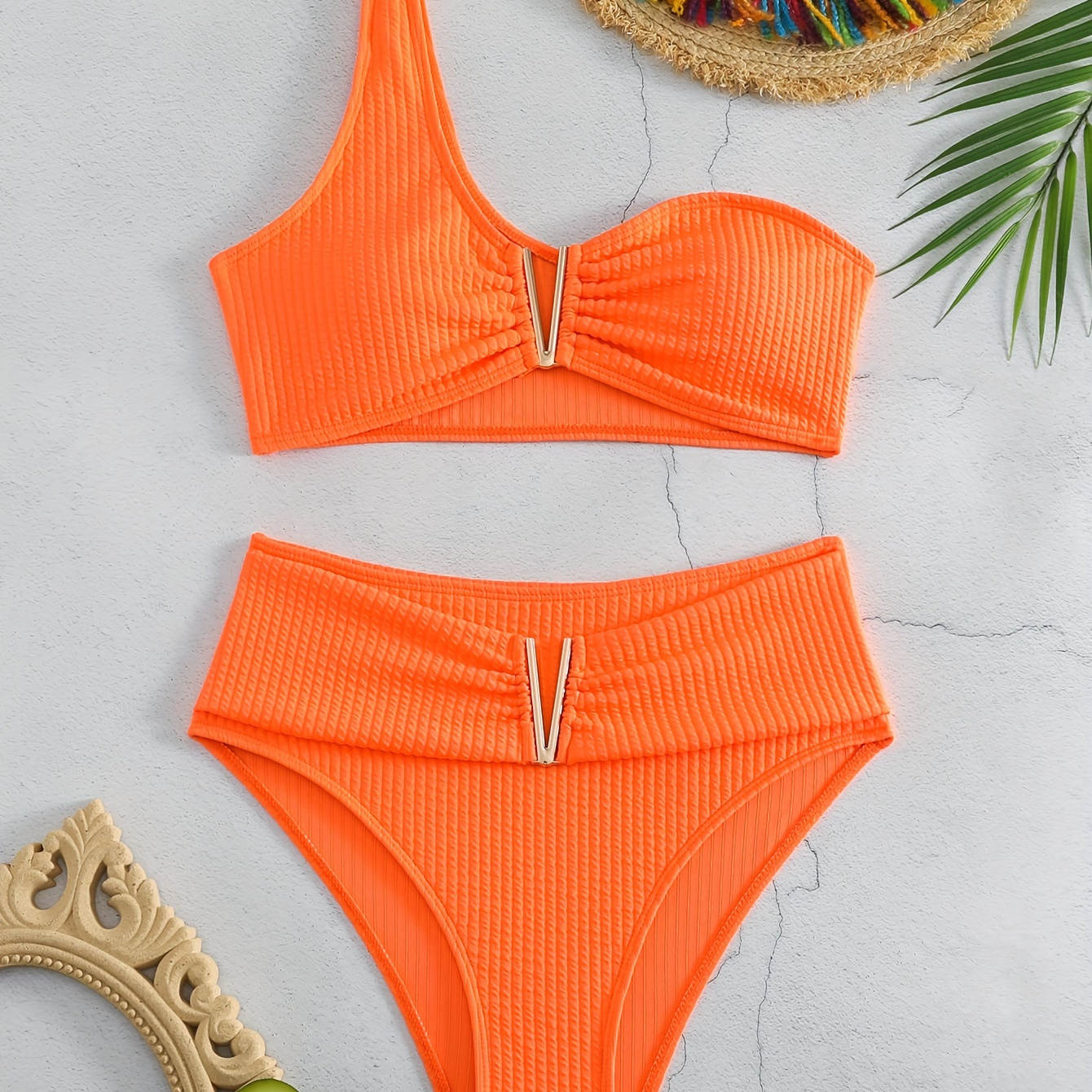 

Solid Color 2 Piece Set Bikini, 1 Shoulder Asymmetrical Stretchy High Cut Swimsuits, Women's Swimwear & Clothing