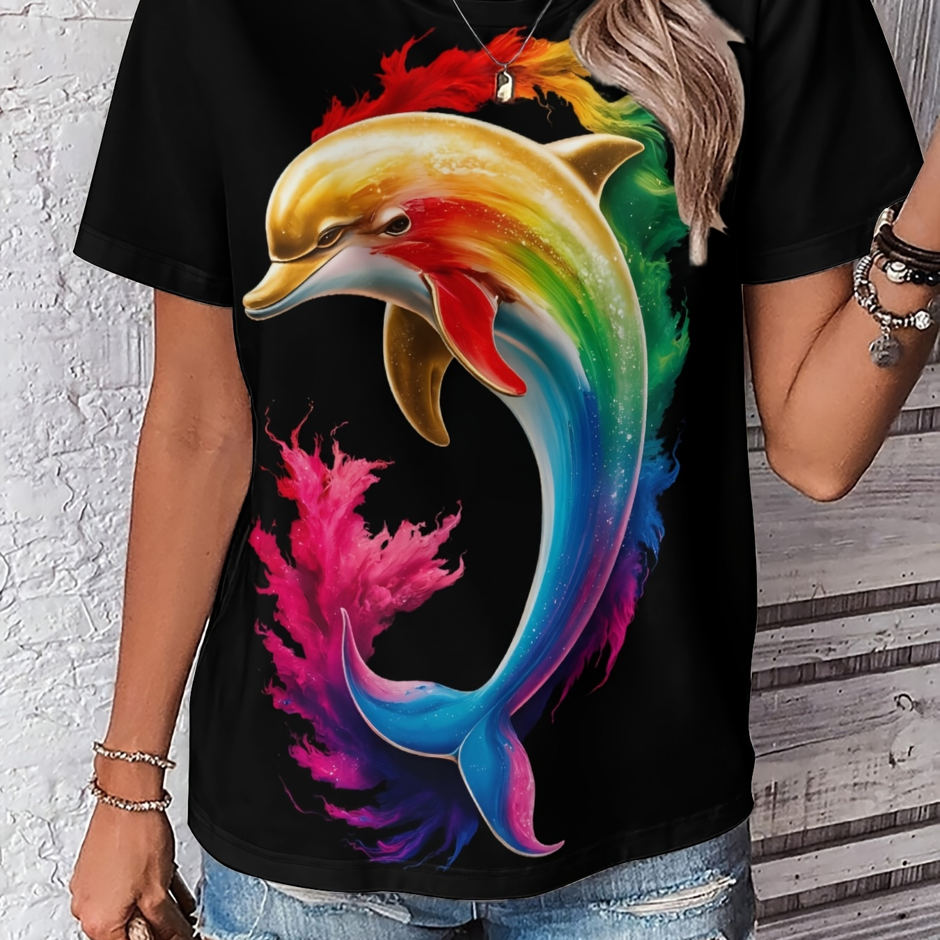 

T-shirt à imprimé coloré 3D pour femme, haut décontracté à manches courtes et col rond, mélange de polyester extensible moyen, pull à motif animal pour /été/automne - Coupe régulière