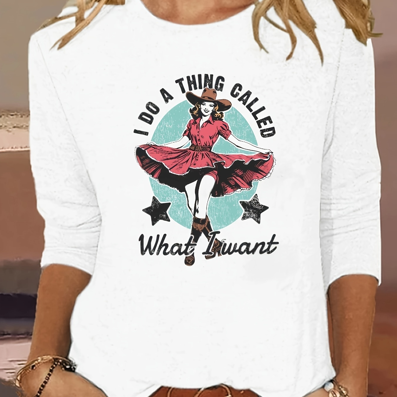 

Cowgirl Print T-shirt, Long Sleeve Crew Neck Casual Top For Spring & Fall, Women's Clothing