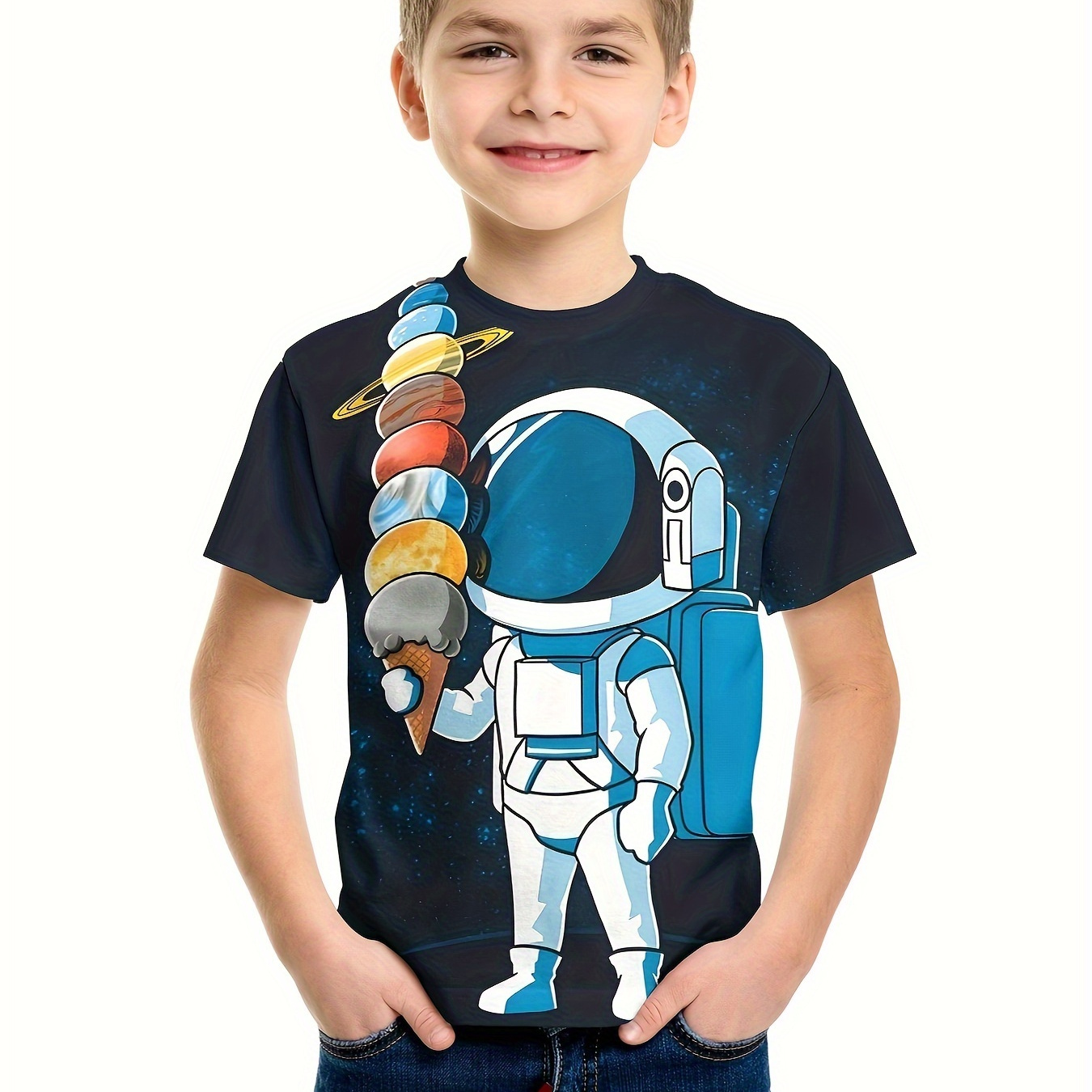 

Cartoon Planet Ice Cream Print Kids Cute T-shirt, Boys Summer Sports Comfy Round Neck Short Sleeve Casual Top