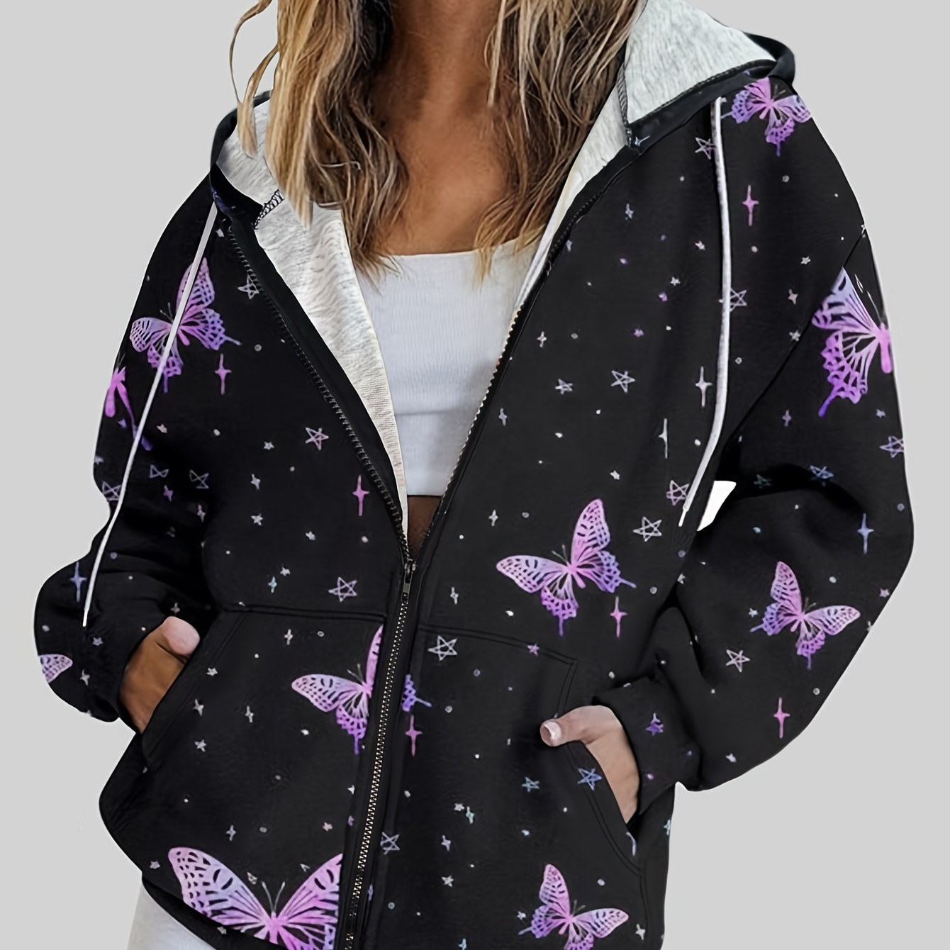 

Print Hoodie With Pocket, Casual Zip Up Long Sleeve Drawstring Hooded Jacket For Fall & Winter, Women's Clothing