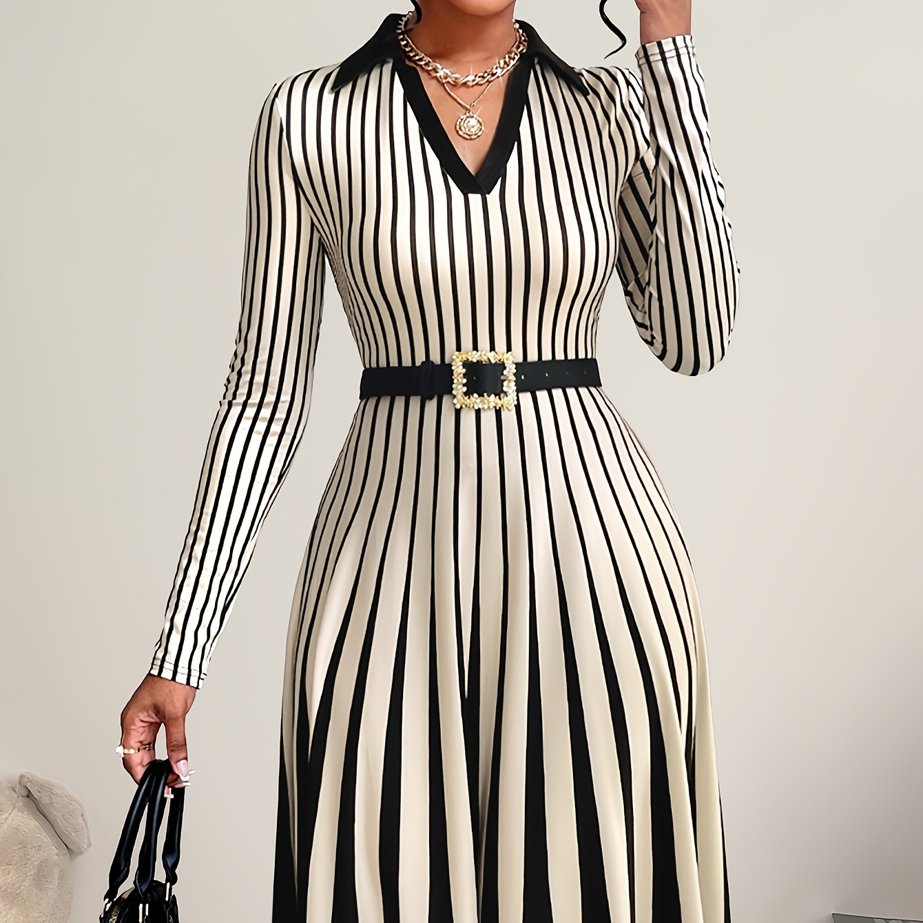 

Elegant Striped Midi Dress For Women - Casual Long Sleeve With Collar, Machine Washable, Polyester , Fall, Casual Midi Dress|sophisticated Casualwear|elastane Fit