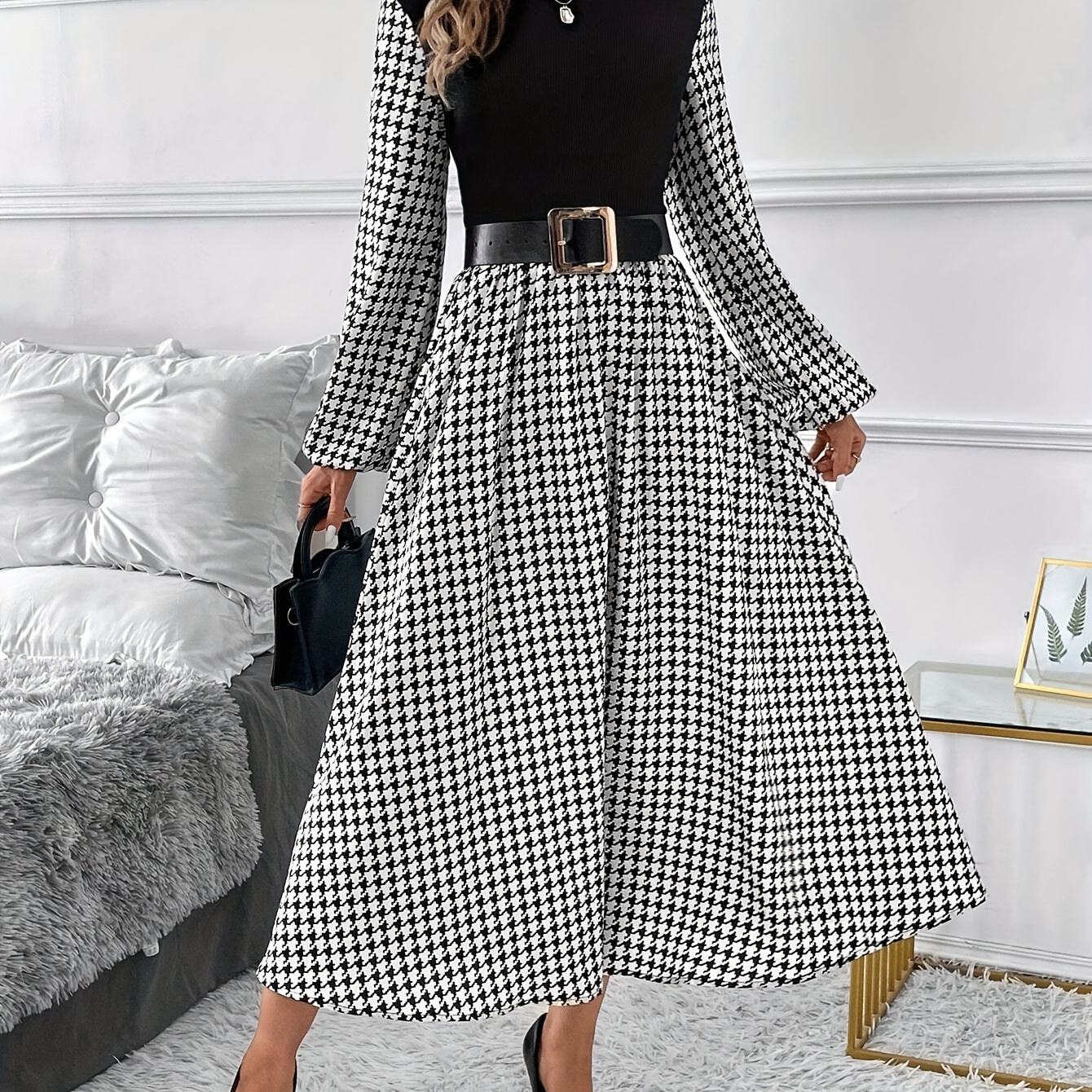 

Women's High-neck Dress - Long Sleeve A-line Skirt, Woven Polyester, Adult
