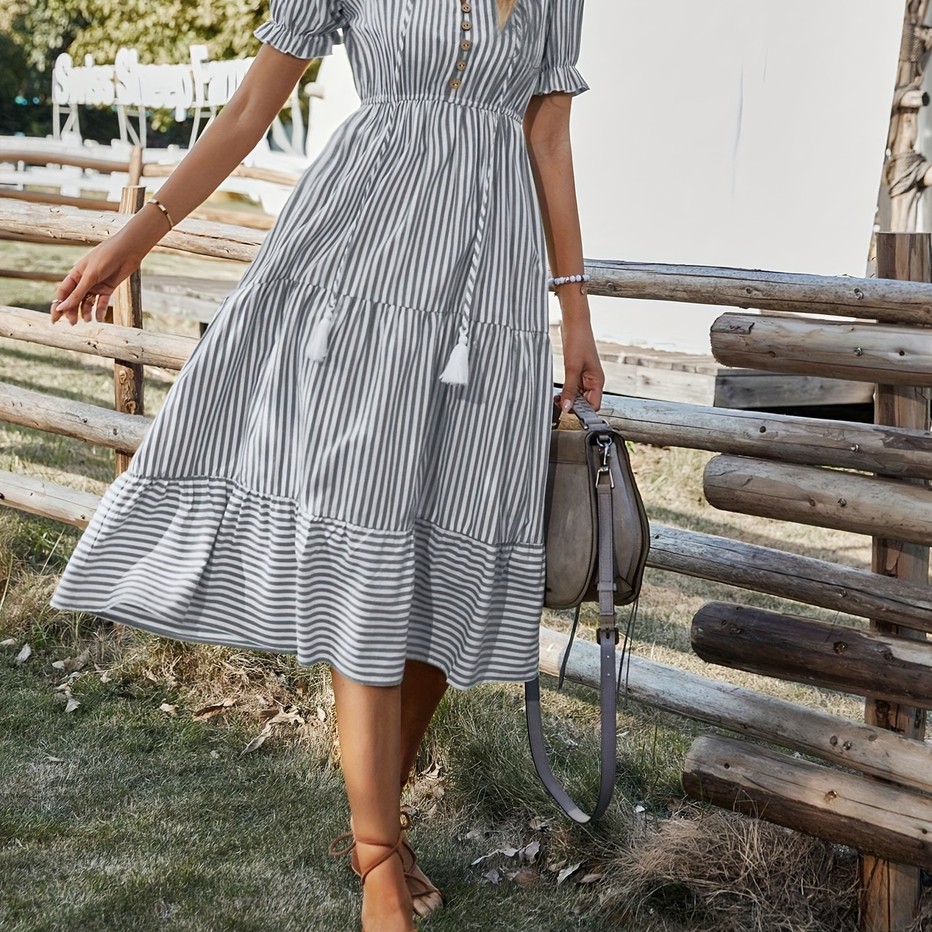 

Striped V Neck Dress, Elegant Short Sleeve Button Decor Dress For Spring & Summer, Women's Clothing