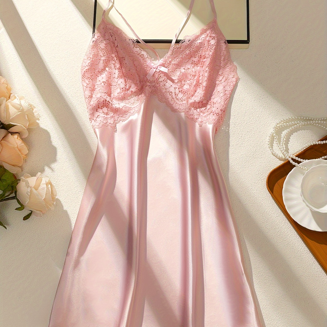 

Women's Sexy Lace-trim V-neck Sleepwear Satin Chemise Nightgown - Polyester Blend, Sleeveless, Solid Color, -back Detail, All Season Comfort Lining