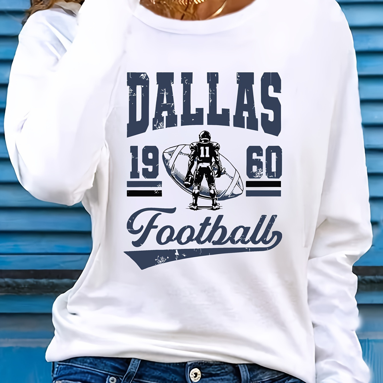 

Dallas Football Long Sleeve T-shirt For Men And Women - Casual Polyester Knit Fabric With Round Neck, Regular Fit, Comfort, Pad, Pullover Style With Alphabet Lettering Design