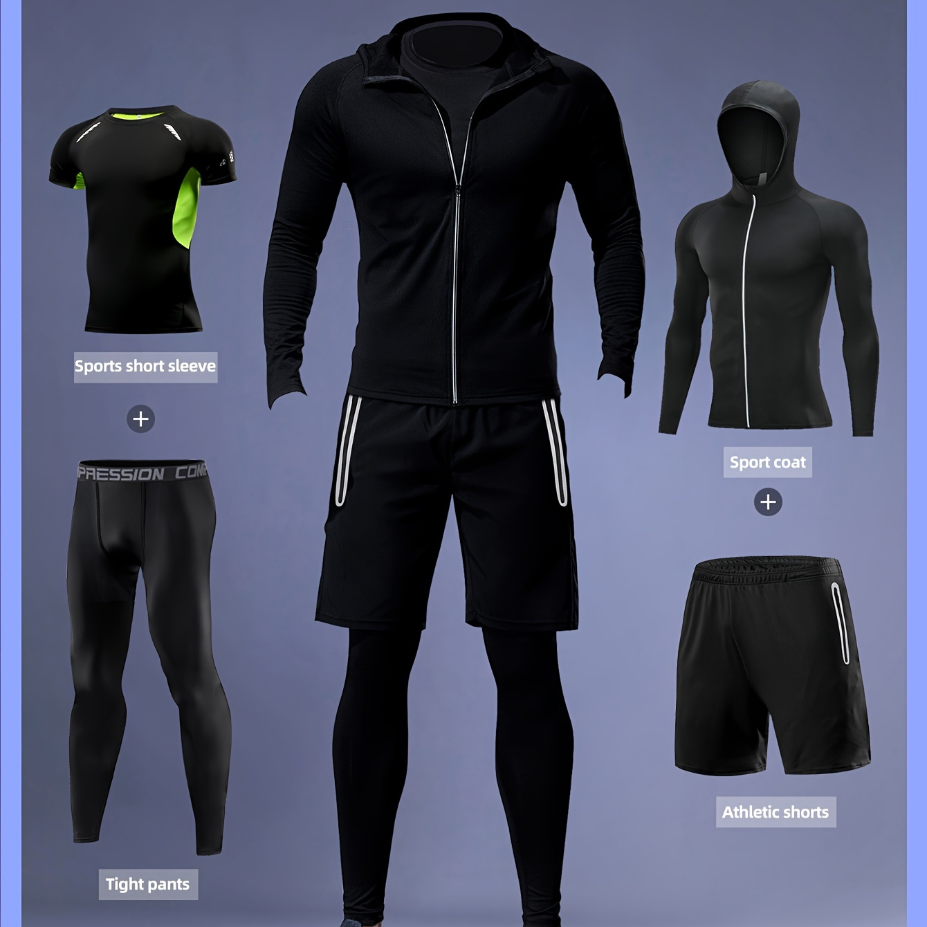 

4pcs Men's Athletic Set - Polyester & Spandex , Hooded Jacket With Pockets, Long Sleeve Shirt, Shorts, And Leggings For Running, Training, Hiking & Outdoor Activities, Workout Clothes