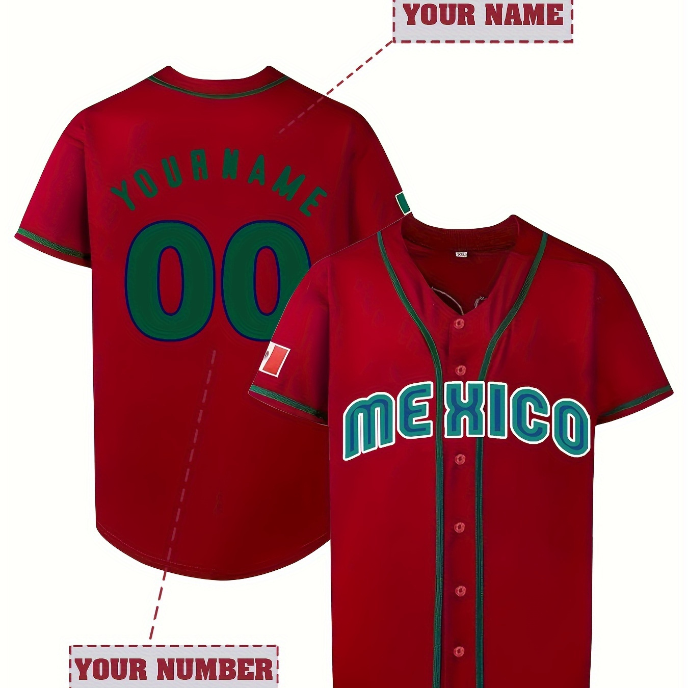 

Customized Name And Number Design, Men's "mexico" Embroidery Design Short Sleeve Loose Breathable V-neck Baseball Jersey, Sports Shirt For Team Training