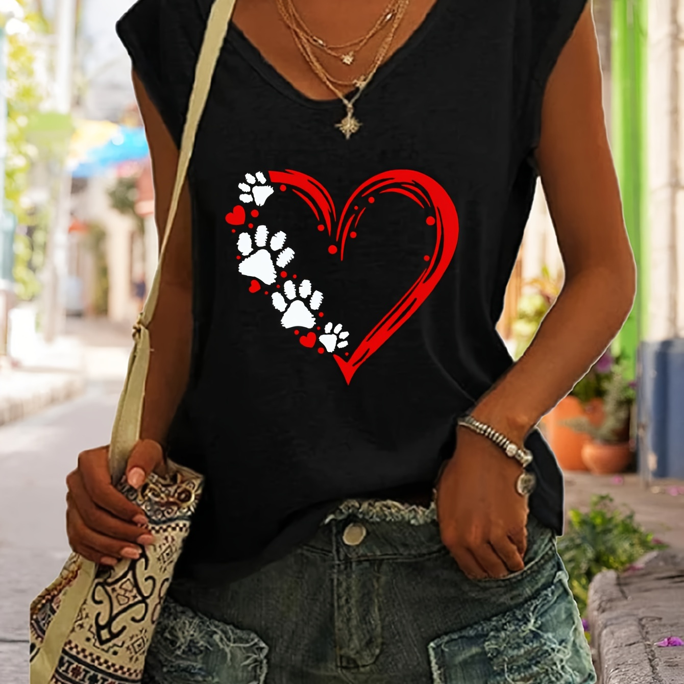 

T-shirt Grande Taille Avec Motif Cœur Et Patte, Top Décontracté À Col En V Et Manches Chauve-souris Pour Le Printemps Et L'été, Vêtements Grande Taille Pour Femmes