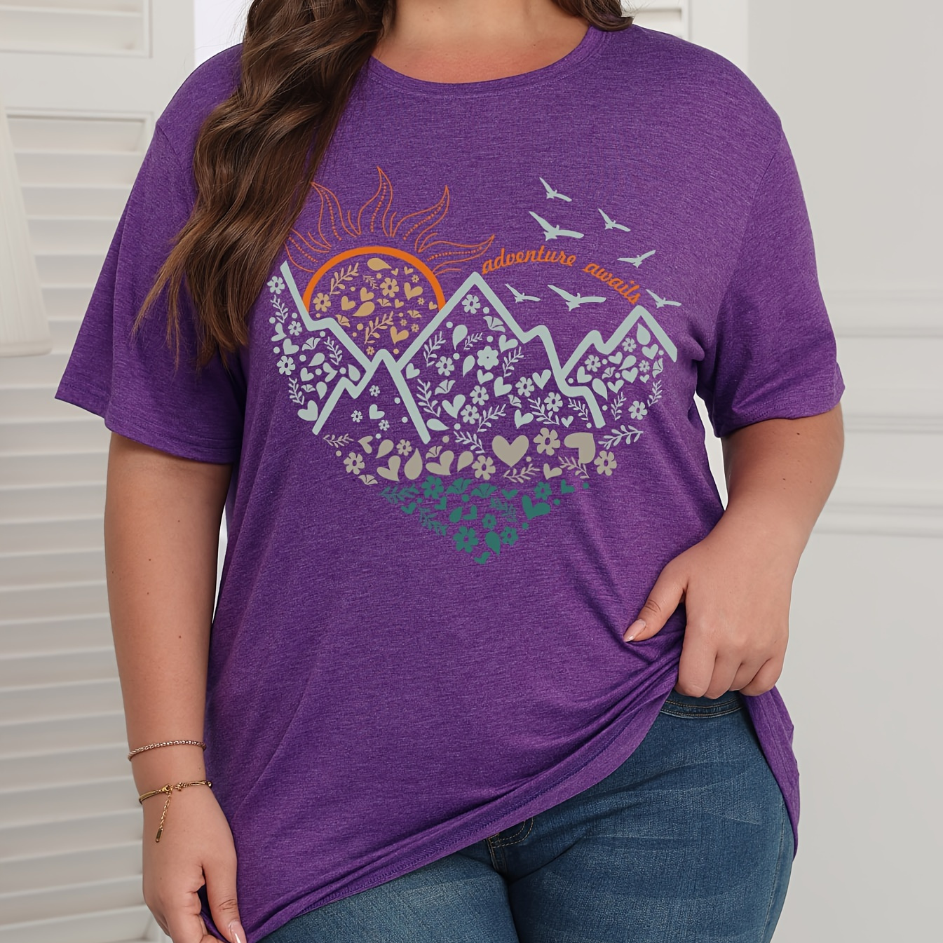 

Plus Size Mountain Print T-shirt, Casual Short Sleeve Crew Neck Top For Summer & Spring, Women's Plus Size Clothing