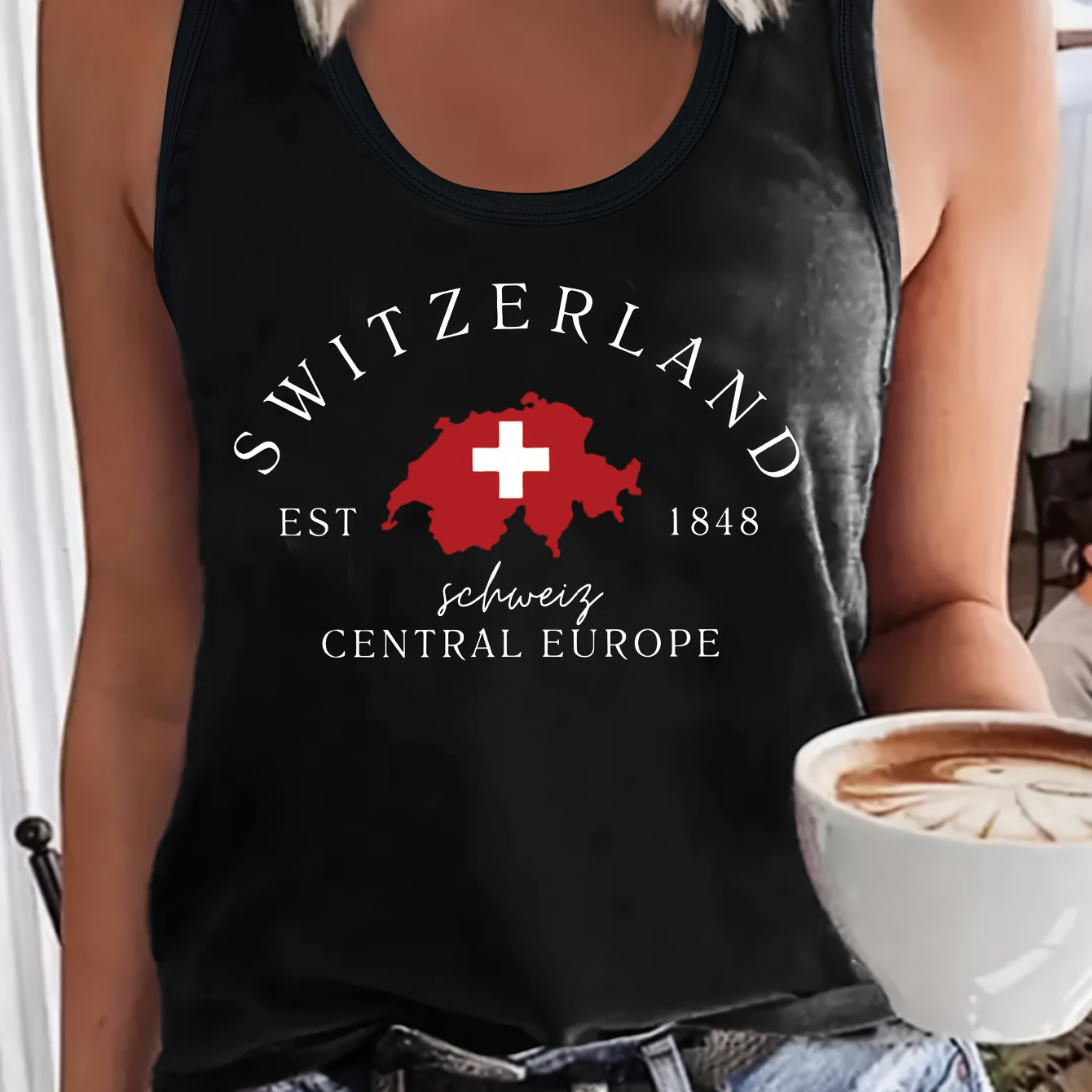 

Switzerland Print Tank Top, Sleeveless Crew Neck Casual Top For Summer & Spring, Women's Clothing