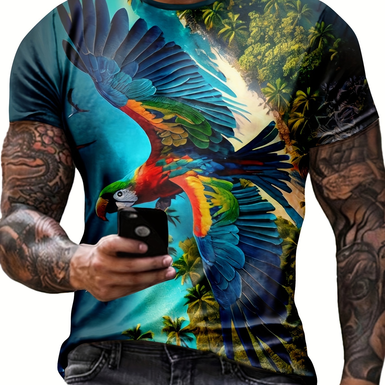 

Men's 3d Digital Beach Theme Flying Parrot Pattern Print Crew Neck And Short Sleeve T-shirt For Summer Leisurewear And Vacation, Chic And Fashionable Sports Tops For Men