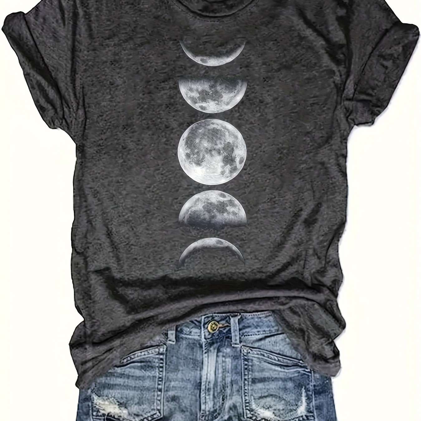 

Moon Print Crew Neck T-shirt, Casual Short Sleeve Top For Spring & Summer, Women's Clothing