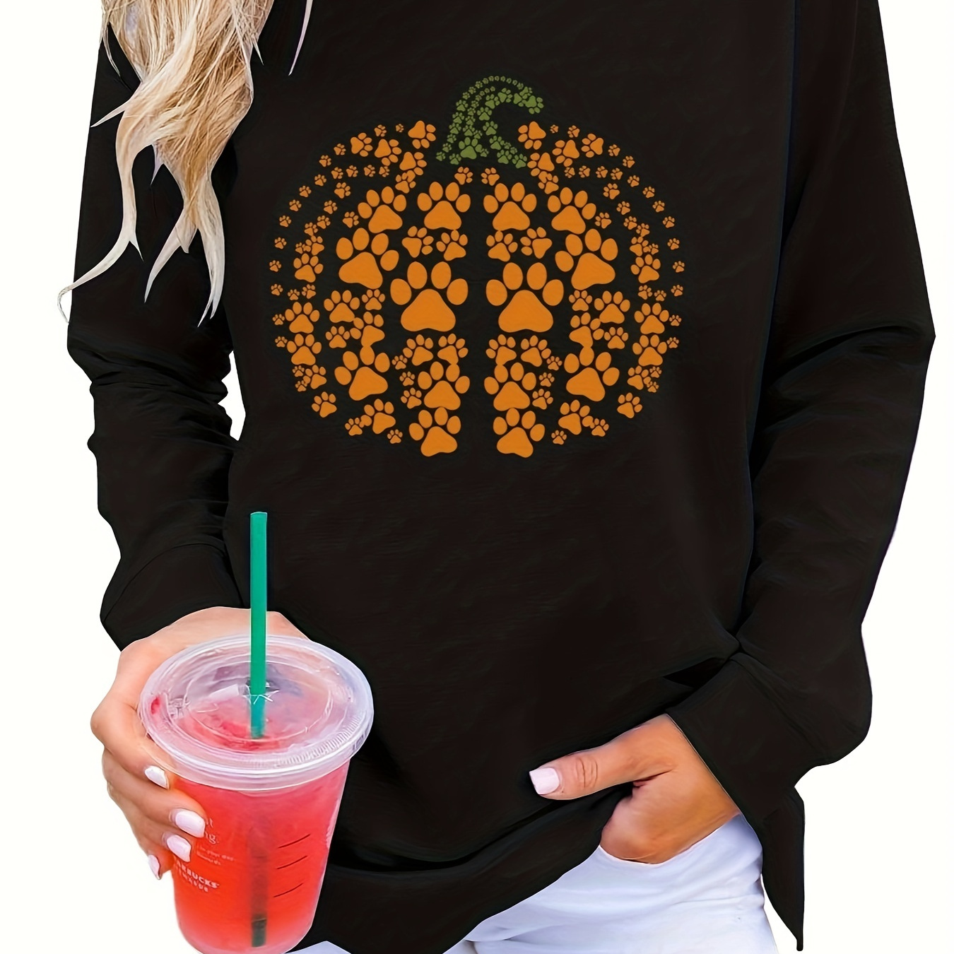 

Pumpkin Shape Paw Print Pullover Sweatshirt, Halloween Long Sleeve Crew Neck Sweatshirt For Fall & Winter, Women's Clothing