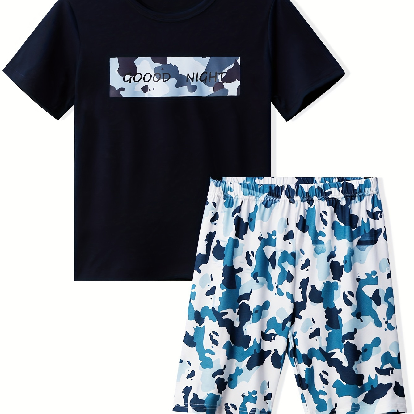 

Teen Boys 2-piece Pajama Set Good Night Print Crew Neck Short Sleeve T-shirt + Matching Camouflage Short Pants Comfy Loungewear