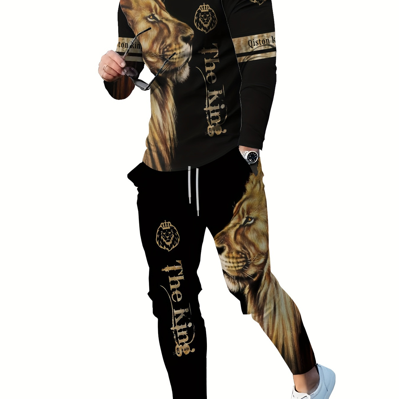 

Men's Casual Pajamas Sets, Lion Graphic Print Long Sleeve Crew Neck Sweatshirt Top & Loose Sweatpants Trendy Trousers With Pocket Drawstring Elastic, Outdoor Sets For Spring Autumn