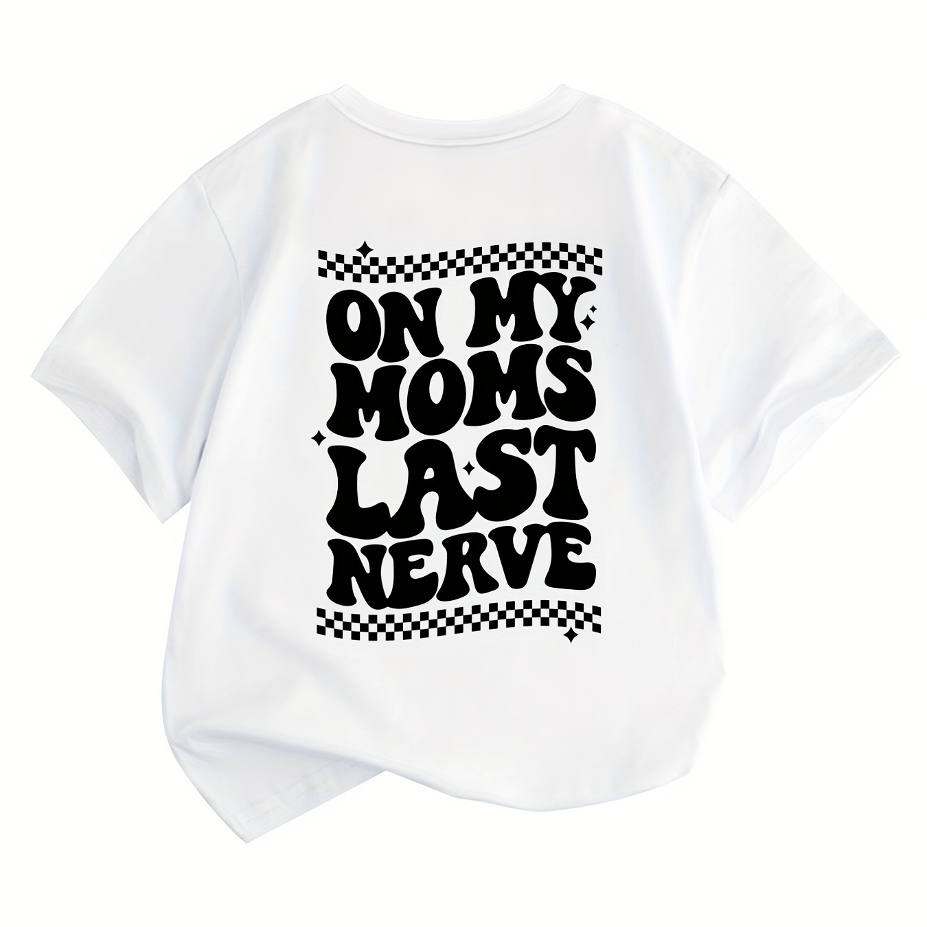 Girls Plaid & Letter ''On My Moms Last Nerve'' Graphic Casual T-Shirt Comfort Fit Crew Neck Tees Top Kids Summer Clothes