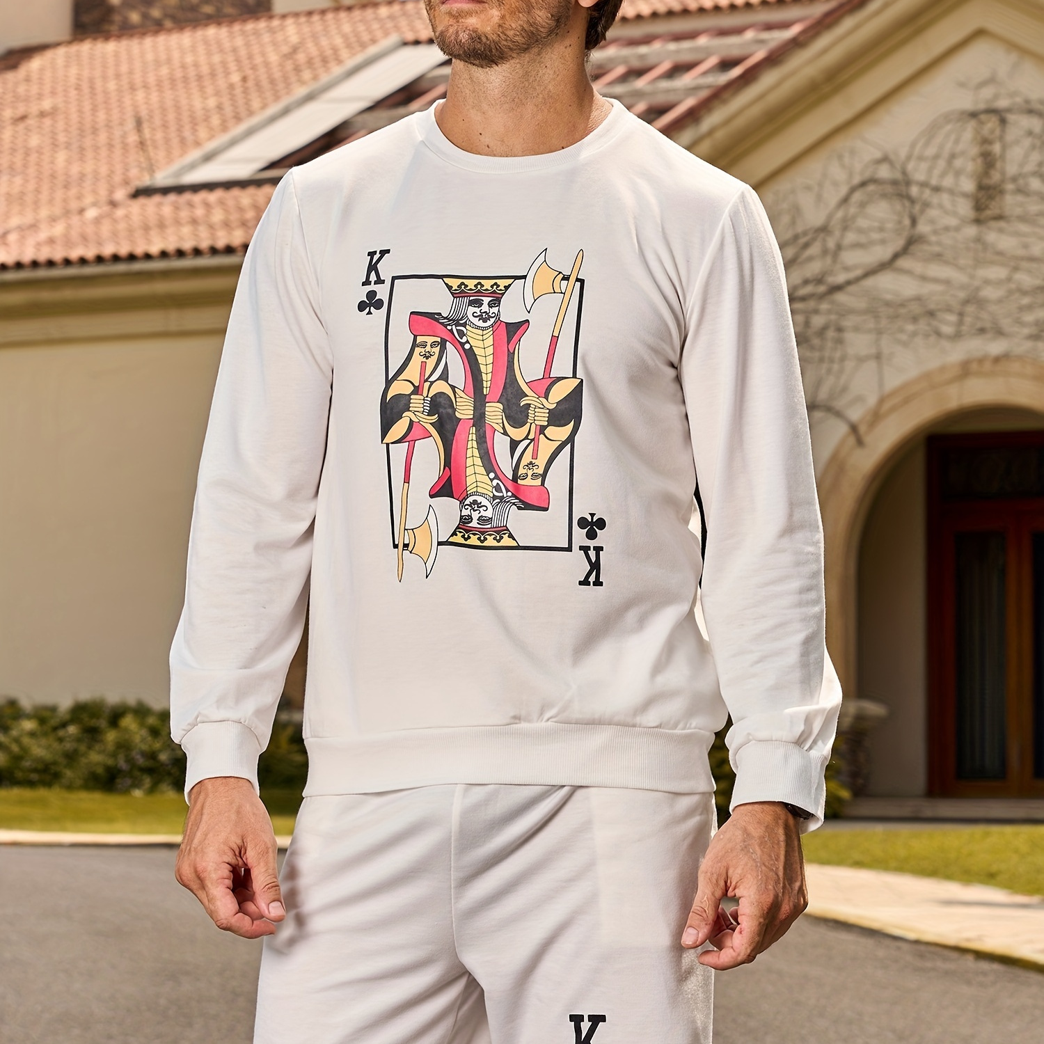 Men's American Blockbuster High Street Fashion Loungewear Set For Summer,  New Pullover Long Sleeve Spades K Poker Print Graphic Shirts & Shorts,  Casual Home Set Youth Sports Suit - Temu Bahrain