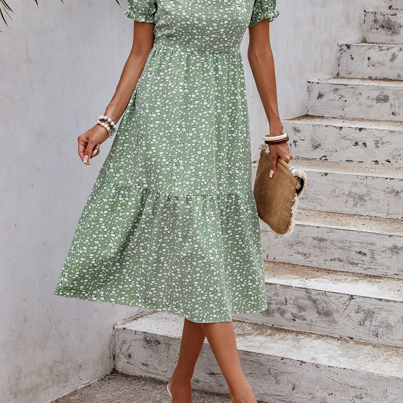 

Floral Print Ruffle Hem Crew Neck Dress, Elegant Short Sleeve Dress For Spring & Summer, Women's Clothing