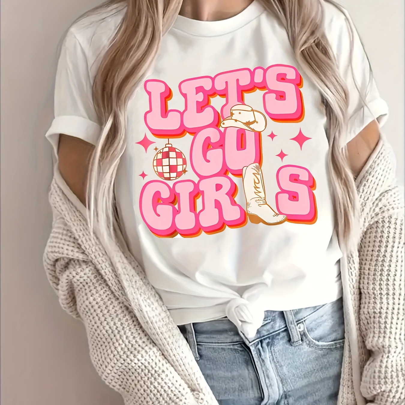 

Go Girls Print Crew Neck T-shirt, Short Sleeve Casual Top For Summer & Spring, Women's Clothing