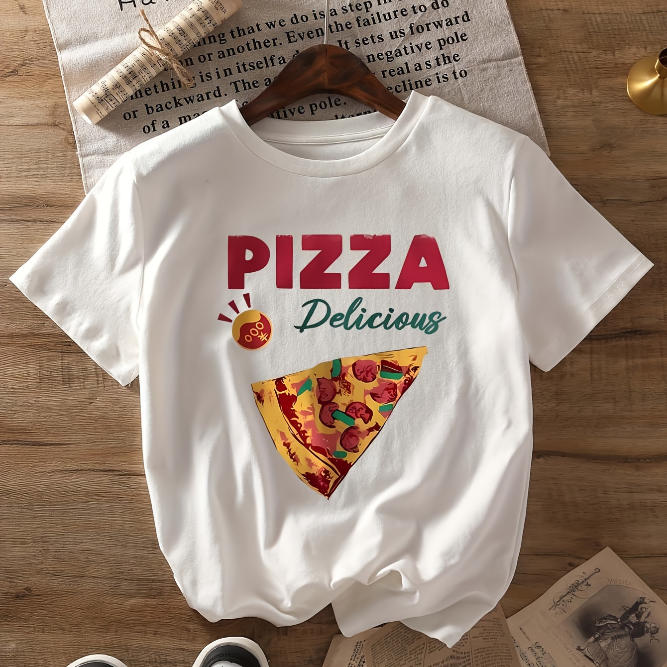 

Women's Casual Pizza Graphic Tee - Soft Polyester , Short Sleeve Crew Neck Top For