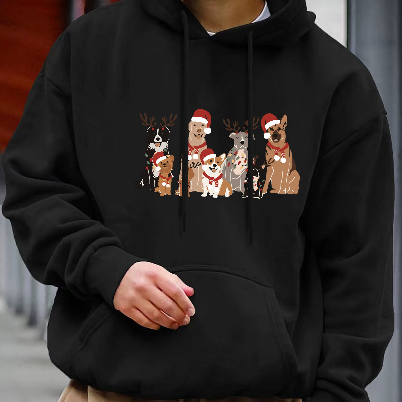

Men's Christmas Dog Print Hoodie, Regular Fit, Casual Pullover With Pockets, Long Sleeve, Stretch Knit Fabric, Polyester, Sports Style, Sweatshirt