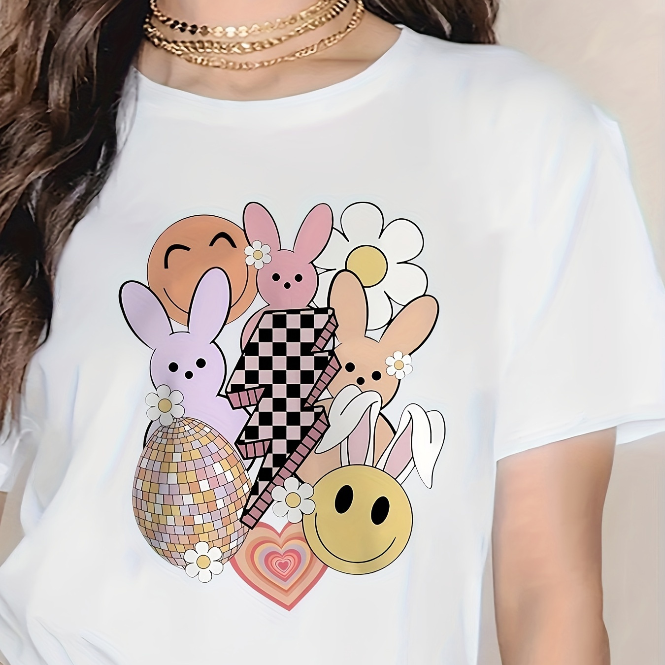 

Women's Easter Bunny Graphic Tee - Casual Crew Neck, Short Sleeve Top For , Breathable Polyester, Print T-shirt, Clothing