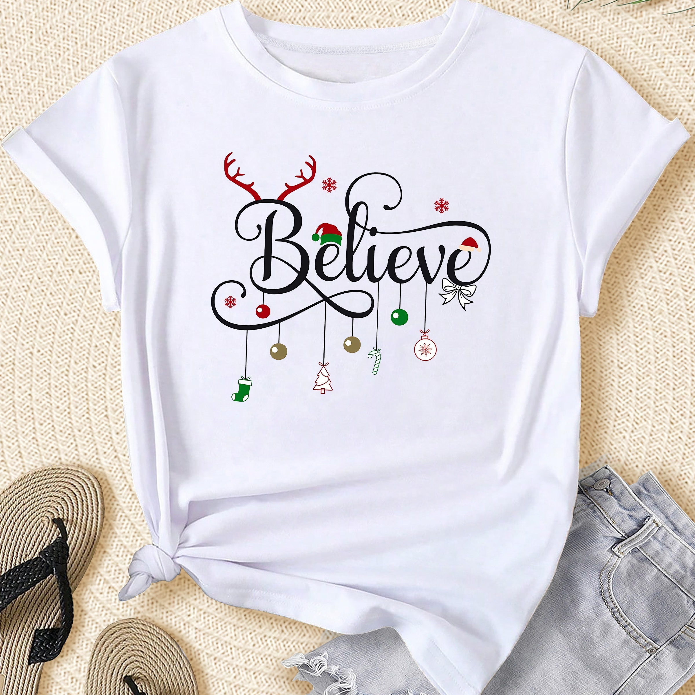

Plus Size Christmas-themed Art Letter Print T-shirt For Women - Casual & Fashionable, Short Sleeve, Round Neck, Stretch Fabric, Machine Washable