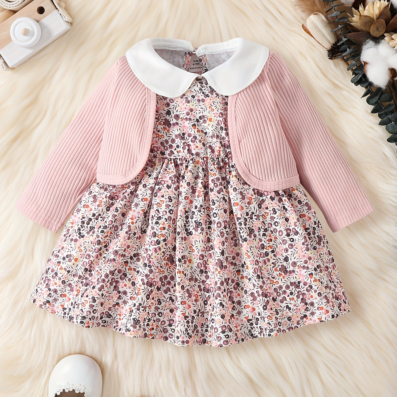 

Baby Girls Sweet Outfits, Toddler's Autumn Long Sleeve Cardigan Top + Ditsy Print Long Sleeve Splicing Dress Set