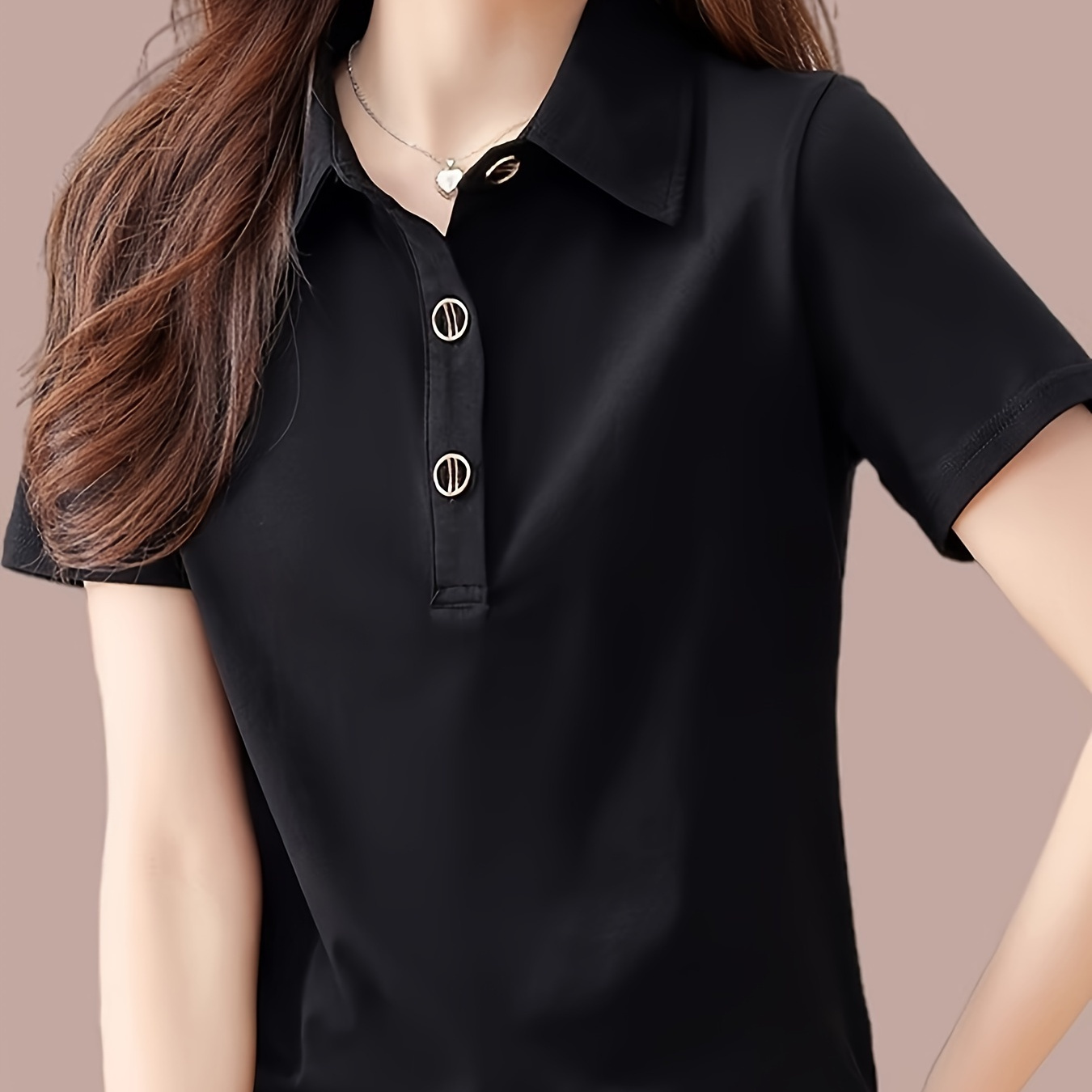 

Solid Color Collared T-shirt, Casual Short Sleeve Top For Spring & Summer, Women's Clothing