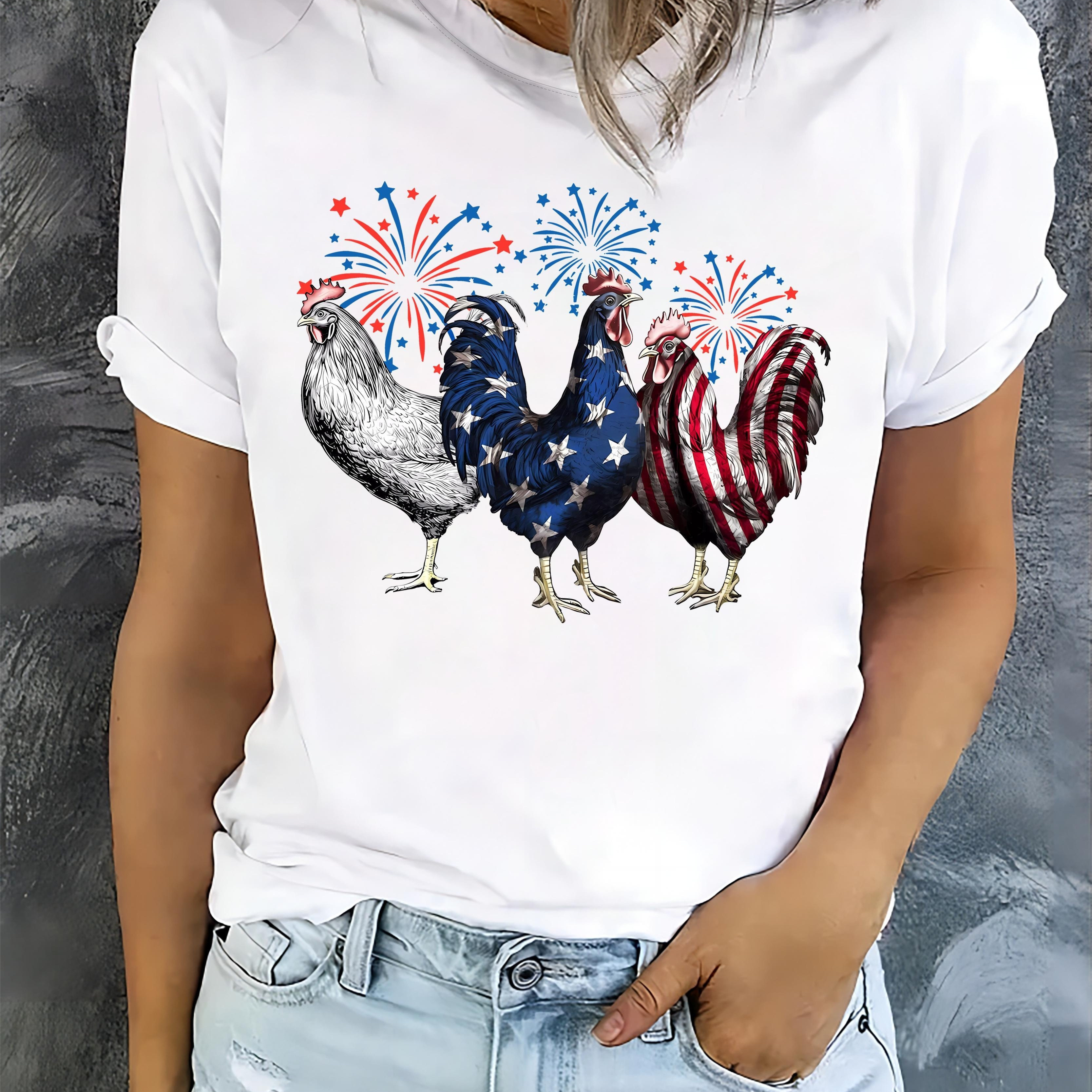 

Chicken & Fireworks Print T-shirt, Short Sleeve Crew Neck Casual Top For Summer & Spring, Women's Clothing