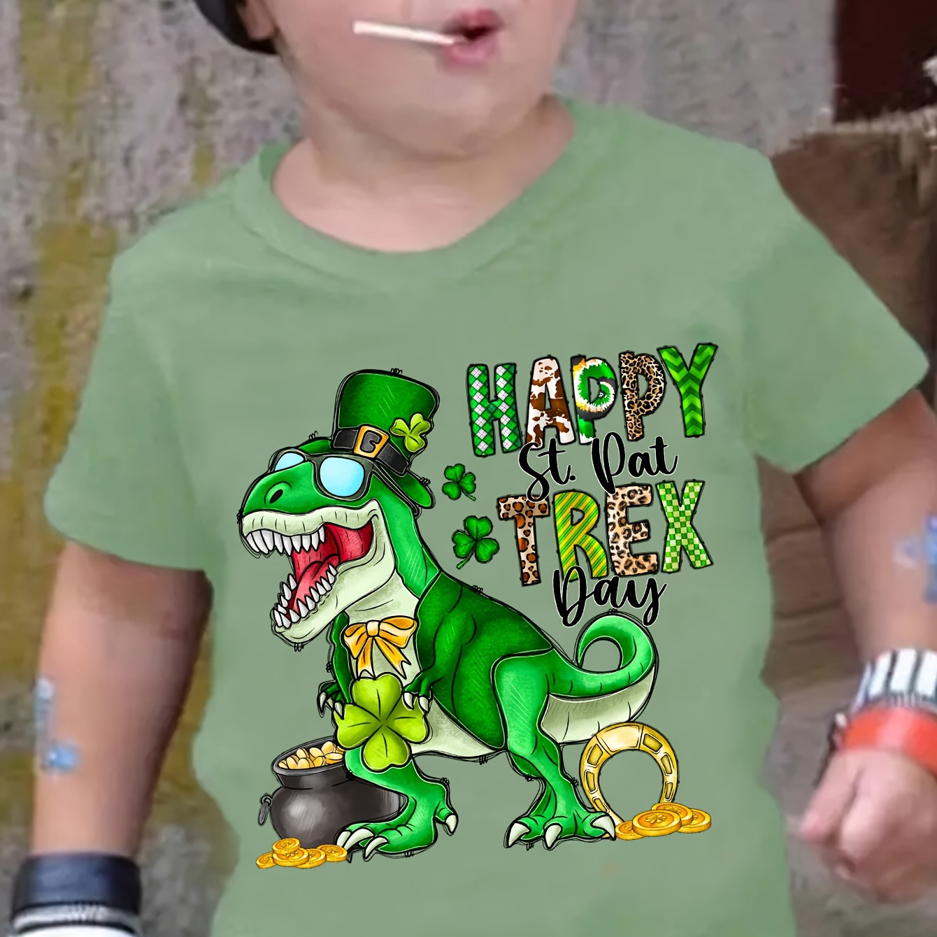 

St. Patrick's Day Clover Dinosaur Print Boy's Cute T-shirt, Kids Casual Short Sleeve Crew Neck Top Daily Wear