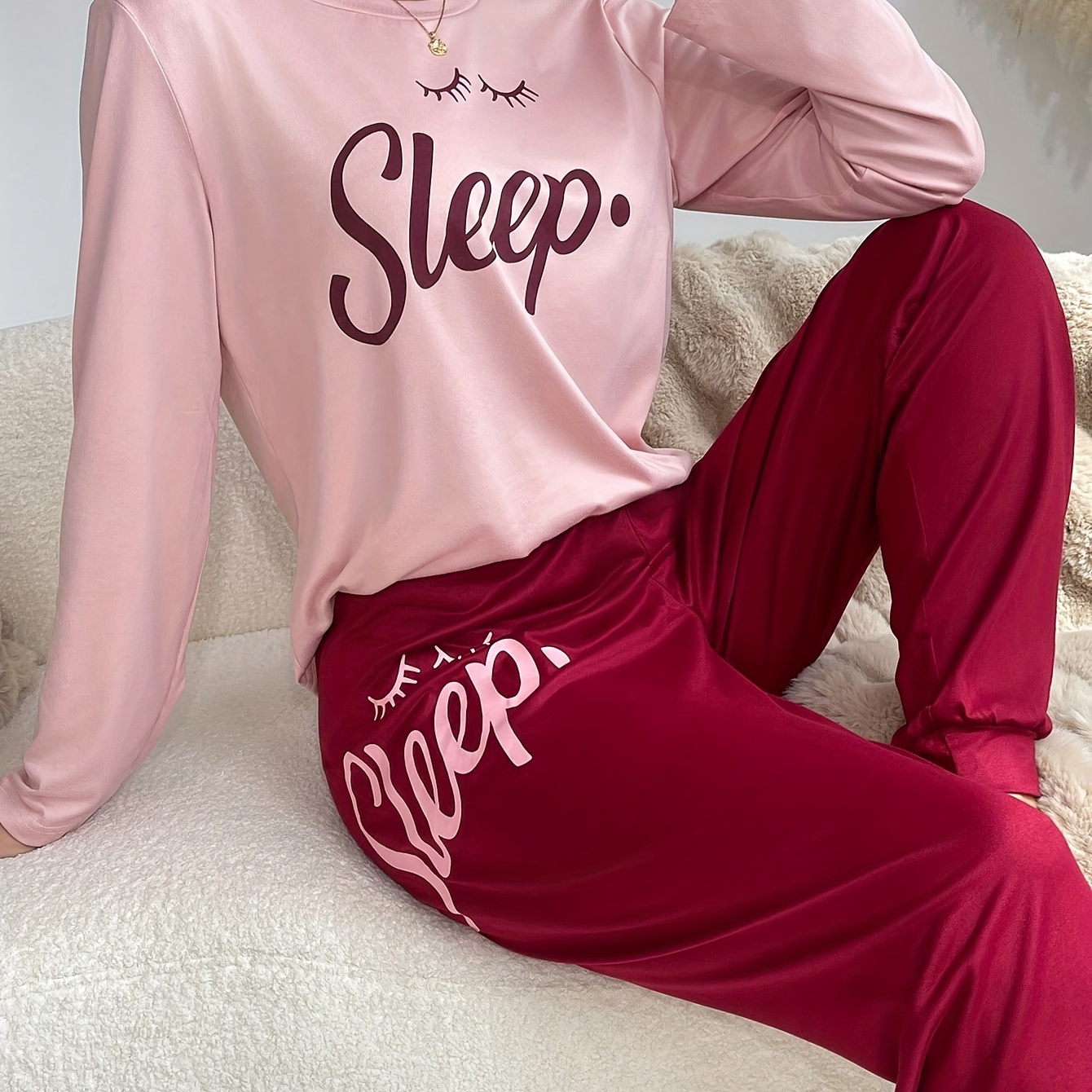 

Cute Cartoon Letter Printed Women's Pajama Set - Knit Fabric, Polyester, Round Neck, Adult Sleepwear Pants And Top Combo