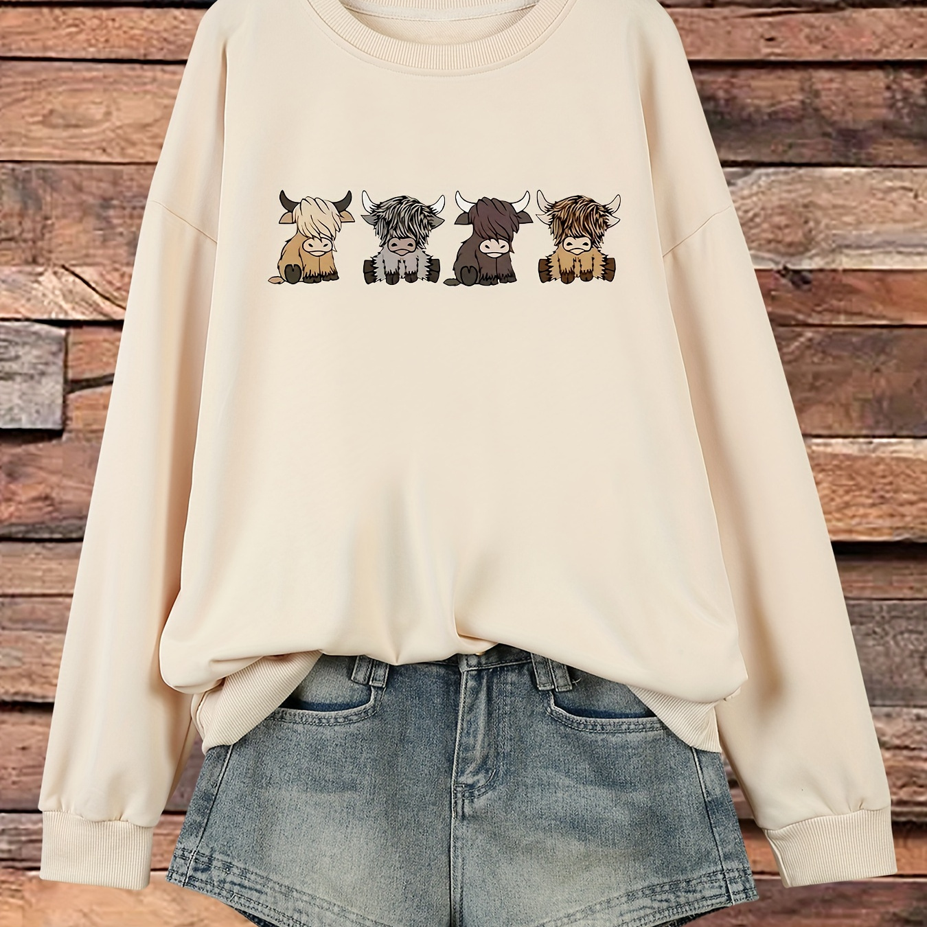 

Plus Size Cartoon Cow Print Sweatshirt, Crew Neck Casual Sweatshirt For Fall & Spring, Women's Plus Size Clothing