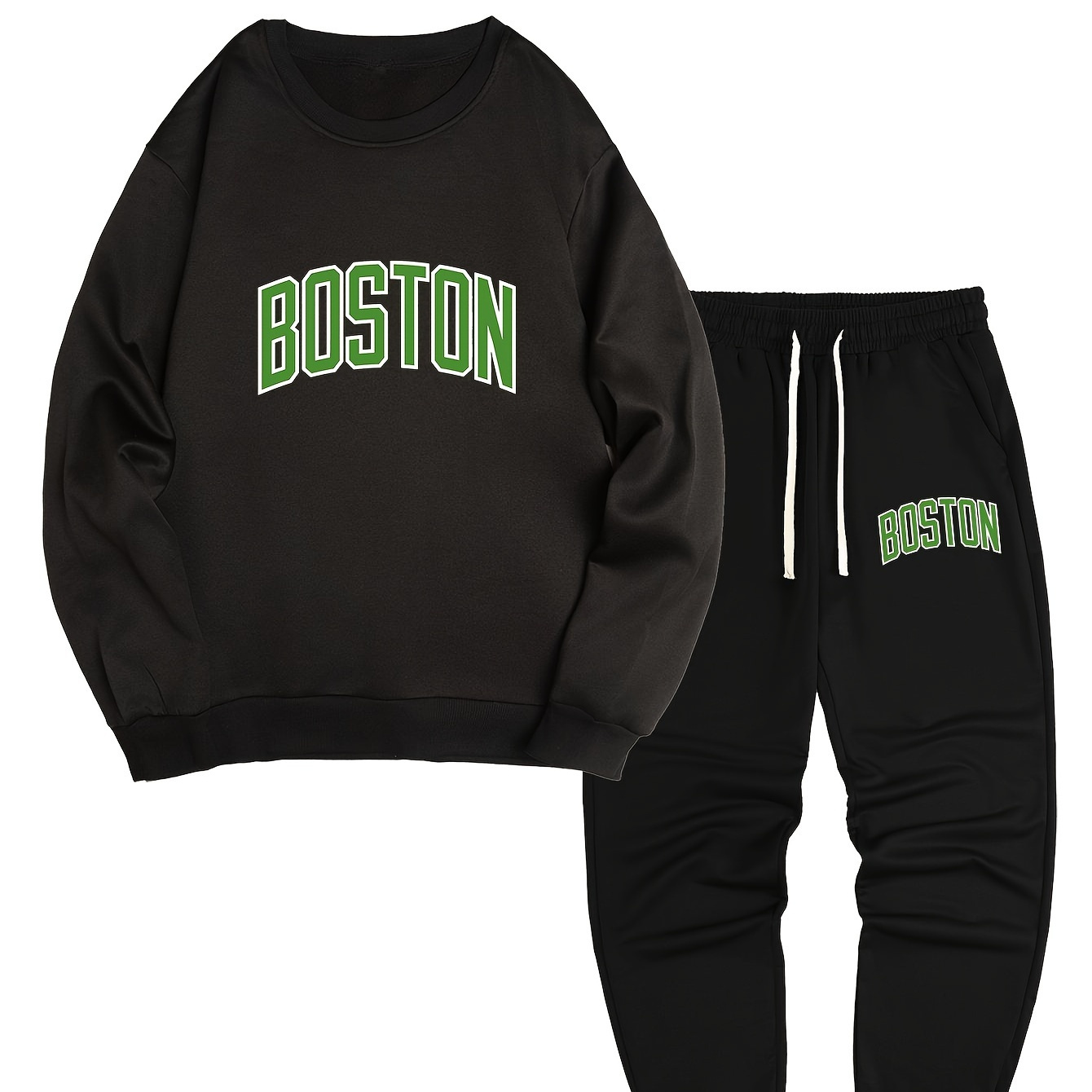 

Boston Pattern Print Men's Long Sleeve Round Neck Street Casual Sports And Fashionable Sweatshirt, Elastic Drawstring Trousers, Sweatshirt And Pants Two-piece Set, For Outdoor, For Autumn And Winter