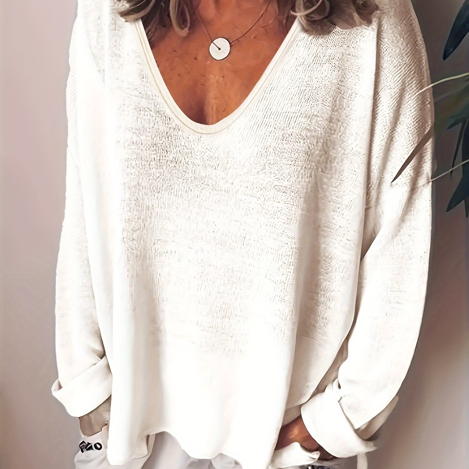 

Solid Color V Neck Pullover Sweater, Casual Long Sleeve Knitted Sweater For Fall & Spring, Women's Clothing