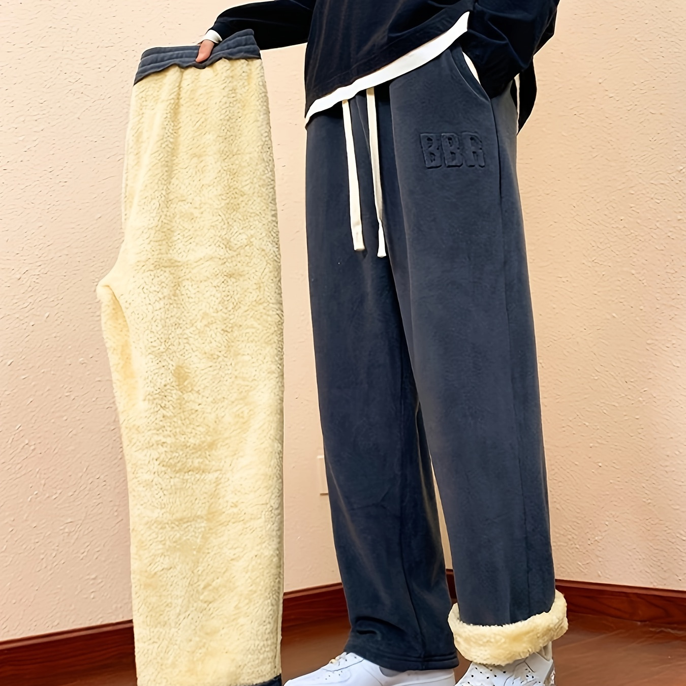 

Men's Loose Bbr Fleece Pants With Pockets, Casual Breathable Drawstring Straight Leg Warm Trousers For Outdoor Activities Gift