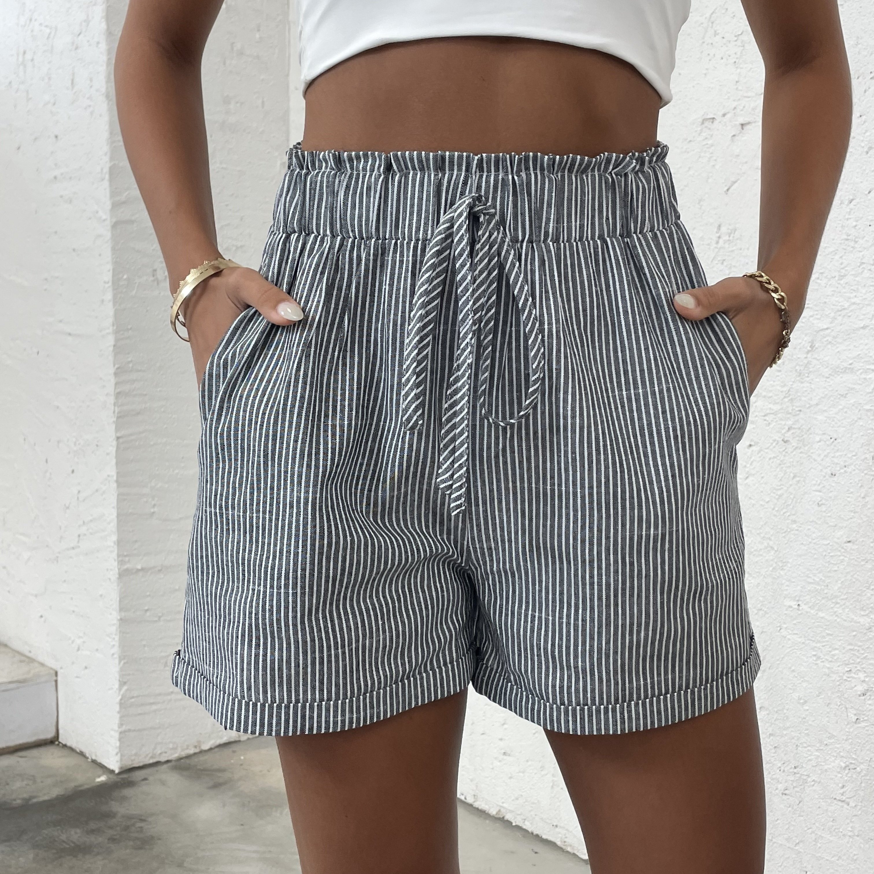 

Stripe Print Drawstring Waist Shorts, Casual Pocket Shorts For Summer, Women's Clothing