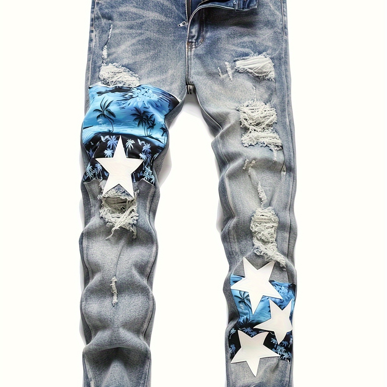 Slim Fit Patchwork Ripped Jeans, Men's Casual Street Style Distressed Stretch Denim Pants With Pockets