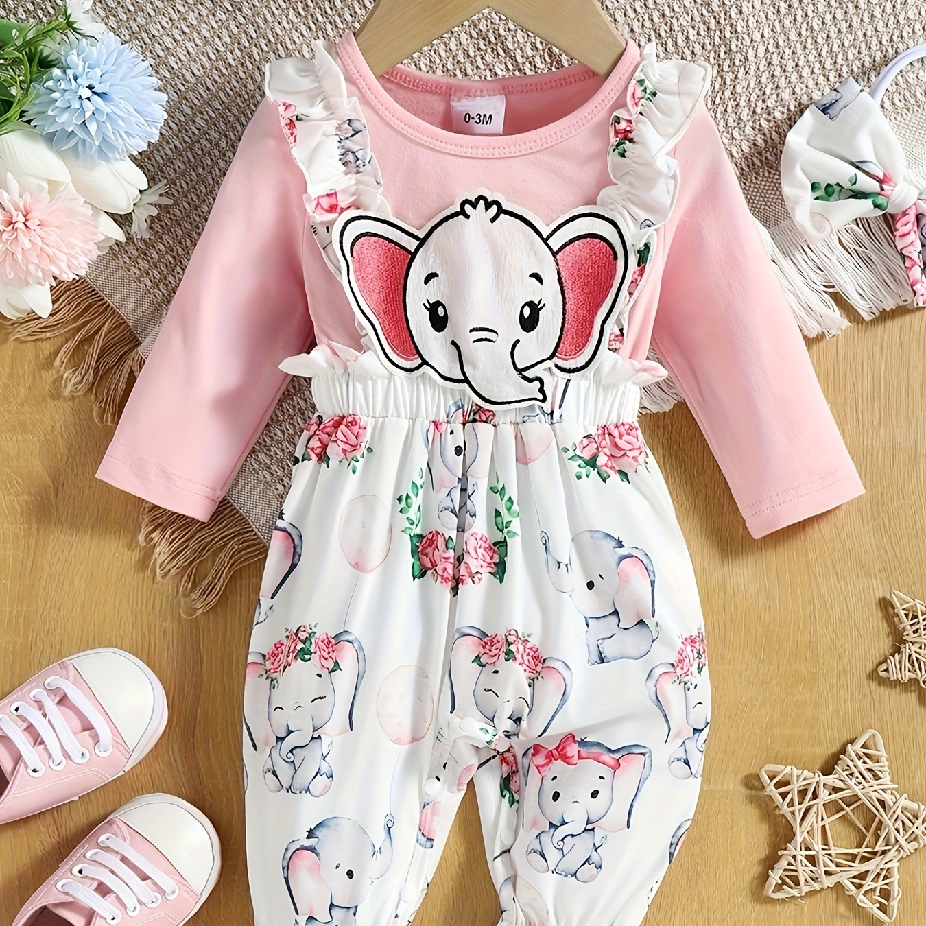 

Baby's Cute Elephant Patchwork Faux Two-piece Bodysuit, Casual Floral Pattern Long Sleeve Romper, Toddler & Infant Girl's Onesie, As Gift