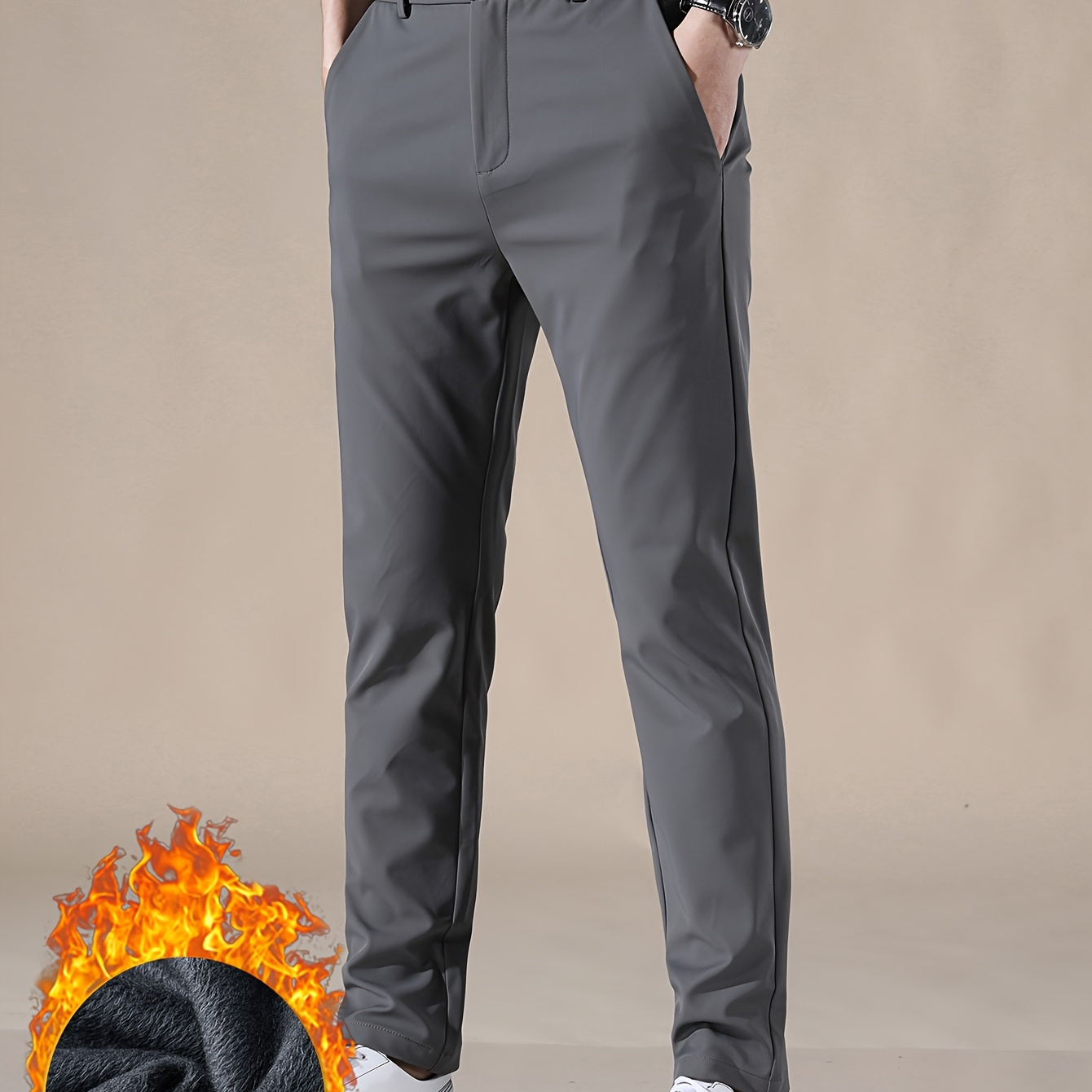 

Men's Winter Warm Fleece-lined Dress Pants - Elegant Straight-leg Trousers With Pockets, Woven Fabric, Machine Washable For Business And Casual Wear