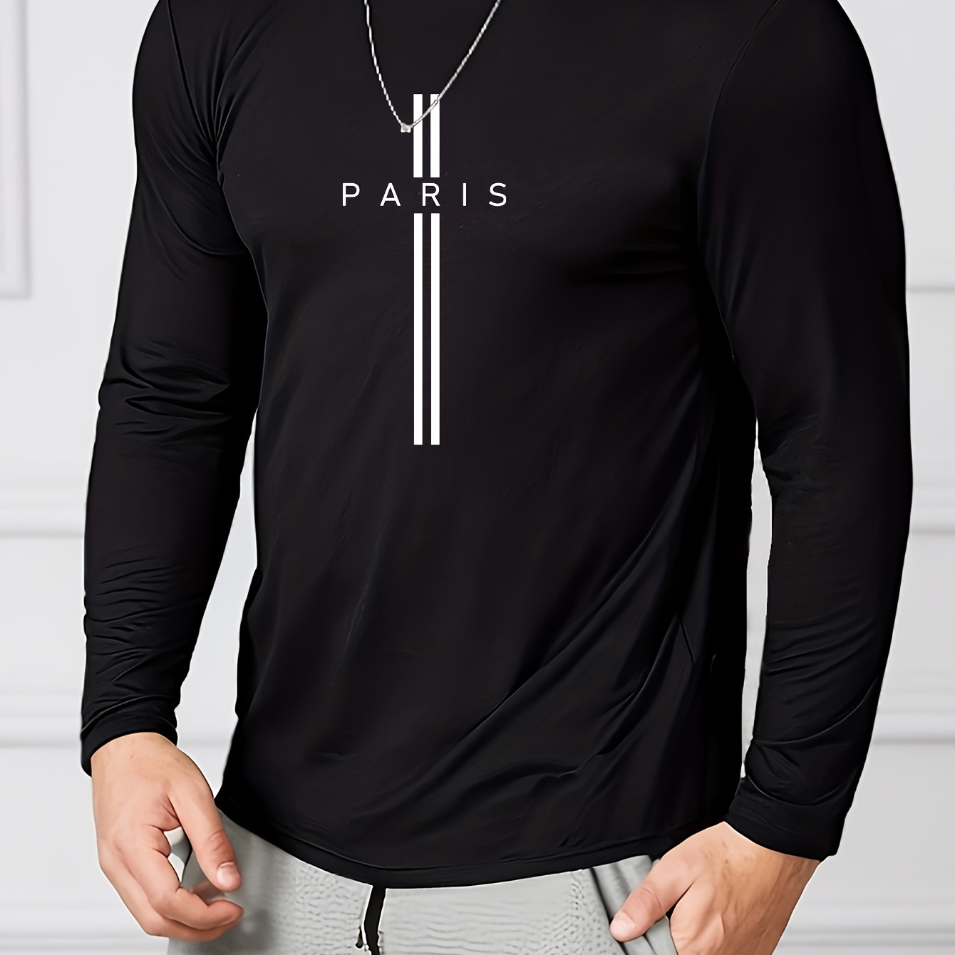 

Men's Long Sleeve T-shirt With " Paris " Print, Casual Round Neck Tee, Fashion Loose Fit, Sporty Versatile Top For Men