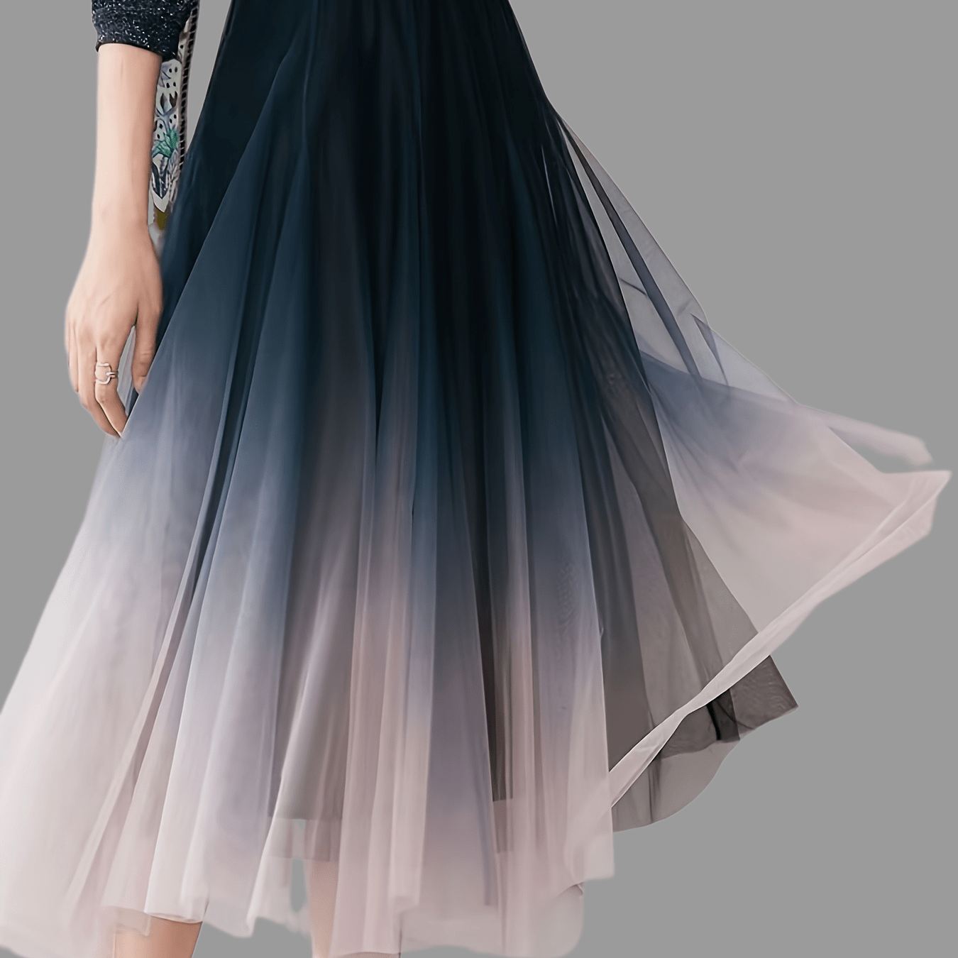 

Women's Gradient Color Tulle Skirt, Formal Midi Length Waist Layered Puffy Fairy A-ling Big Hem Mesh Skirt, Polyester Material, Loose Fit, Long Length, Flared Hem, Ombre Pattern, Spring/summer Season