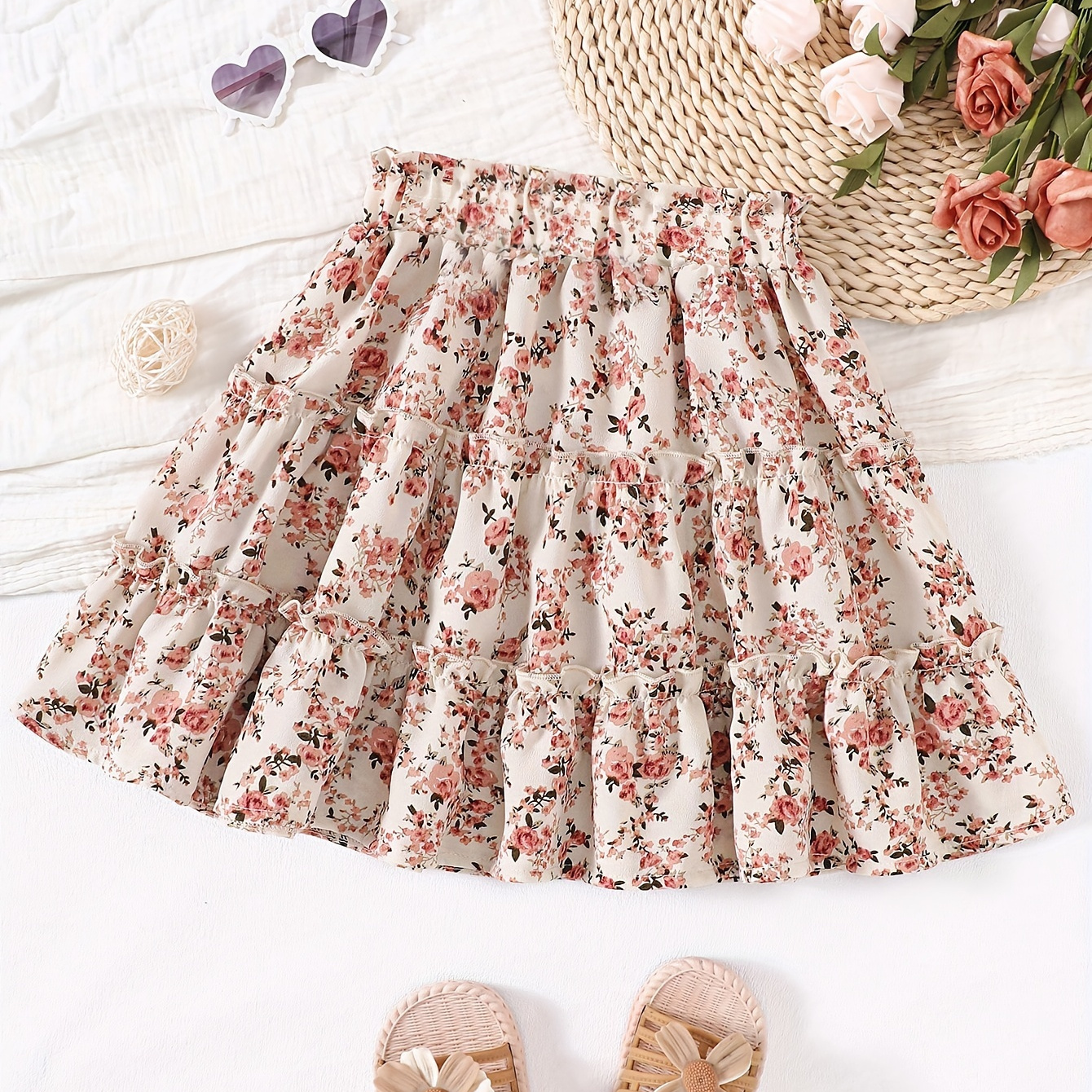 

Floral Print Elastic Waist Skirt, Elegant Knee Length Tiered Hem A-line Skirt For Spring & Summer, Women's Clothing